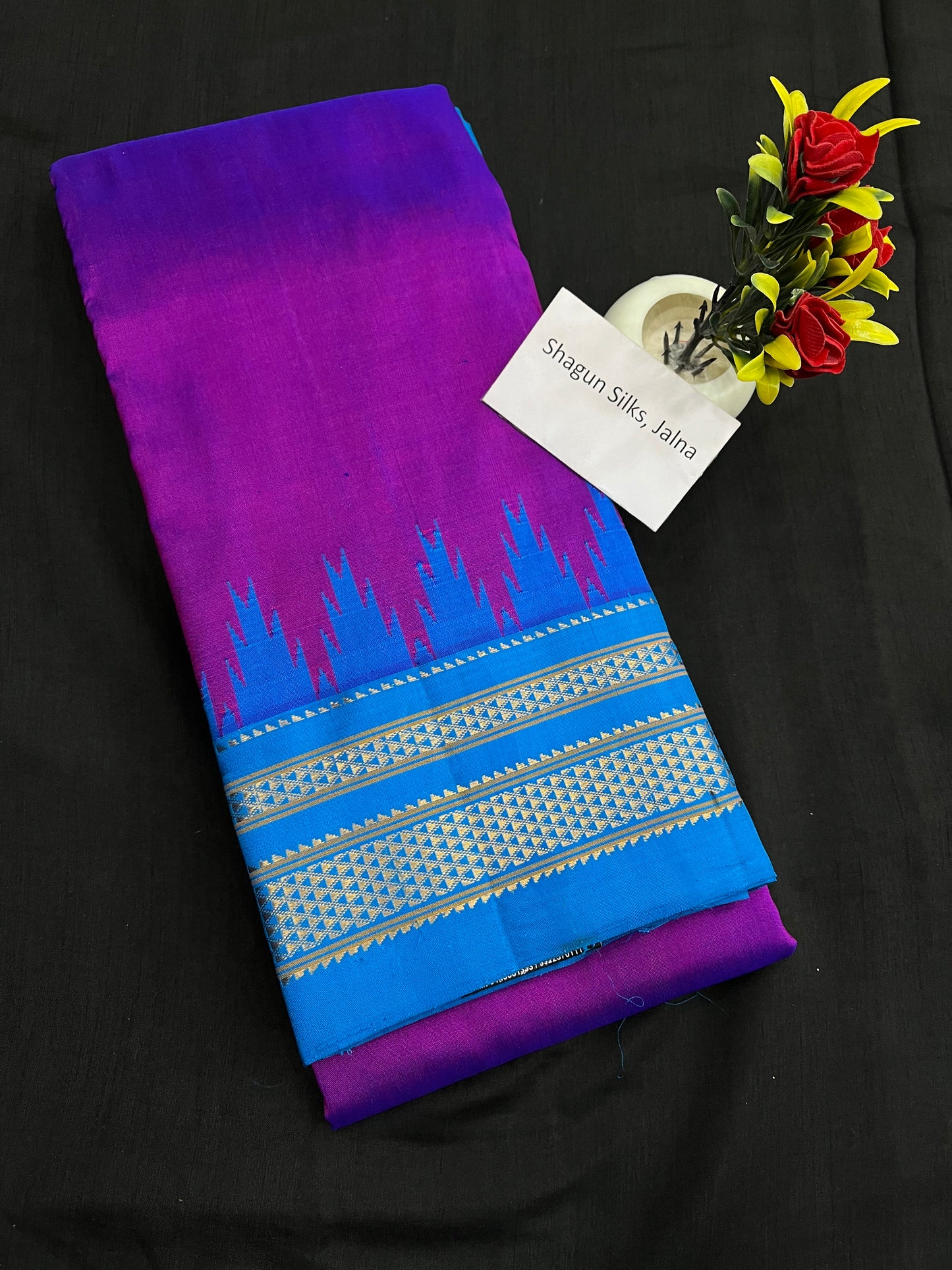 Magenta Blue Big Temple Ilkal Silk Saree