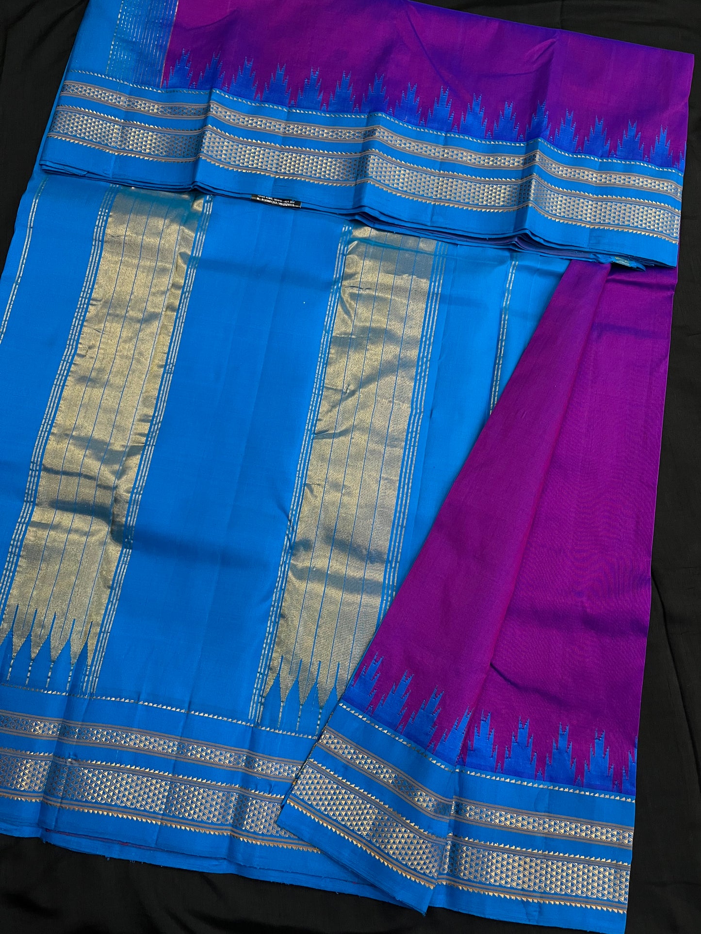 Magenta Blue Big Temple Ilkal Silk Saree