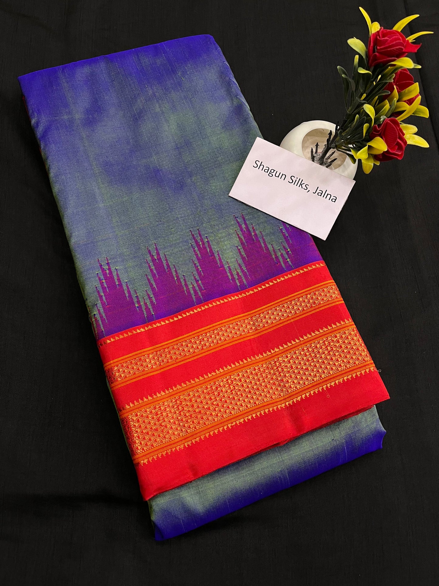 Metallic Blue Red Big Temple Ilkal Silk Saree