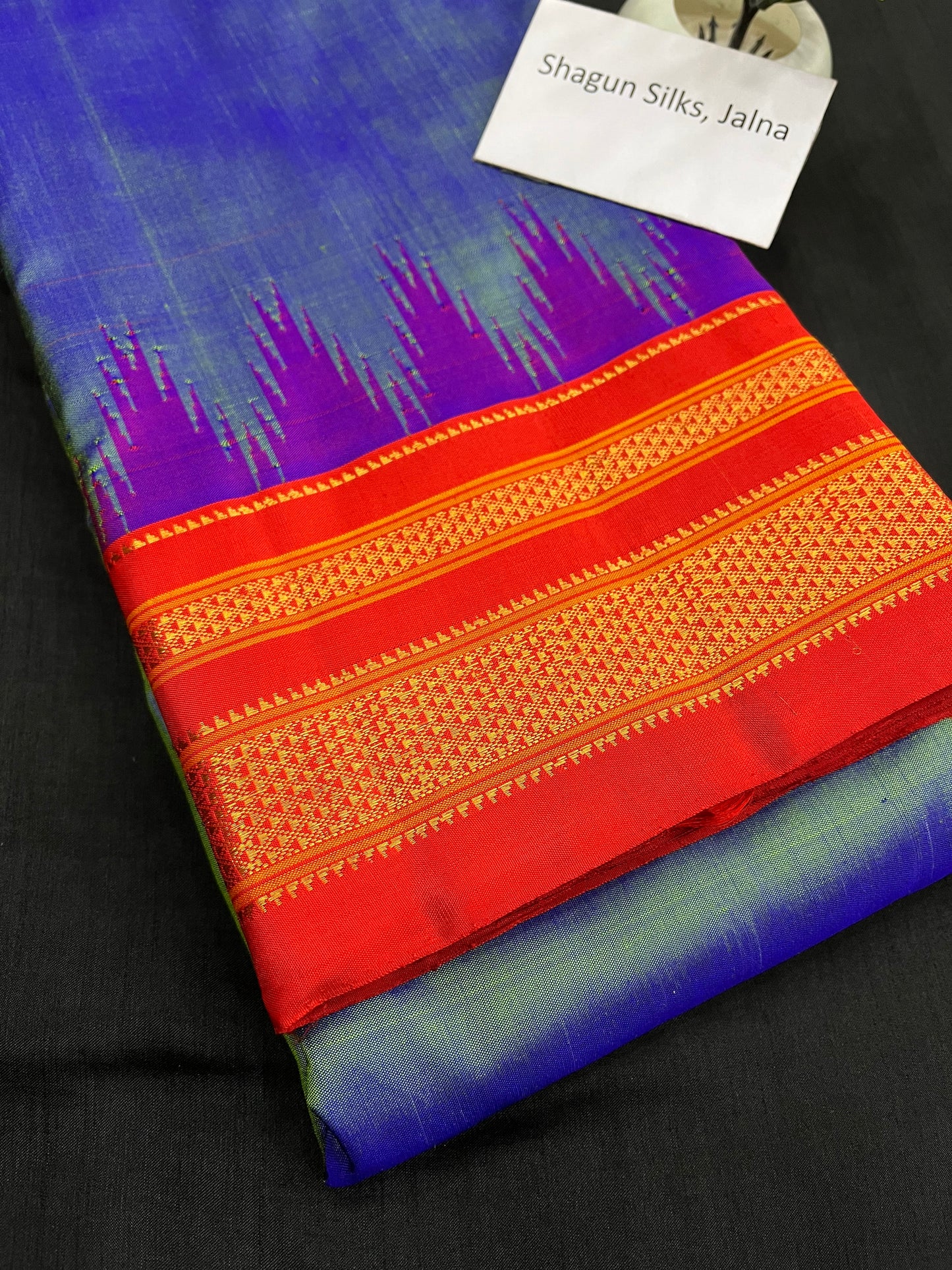 Metallic Blue Red Big Temple Ilkal Silk Saree