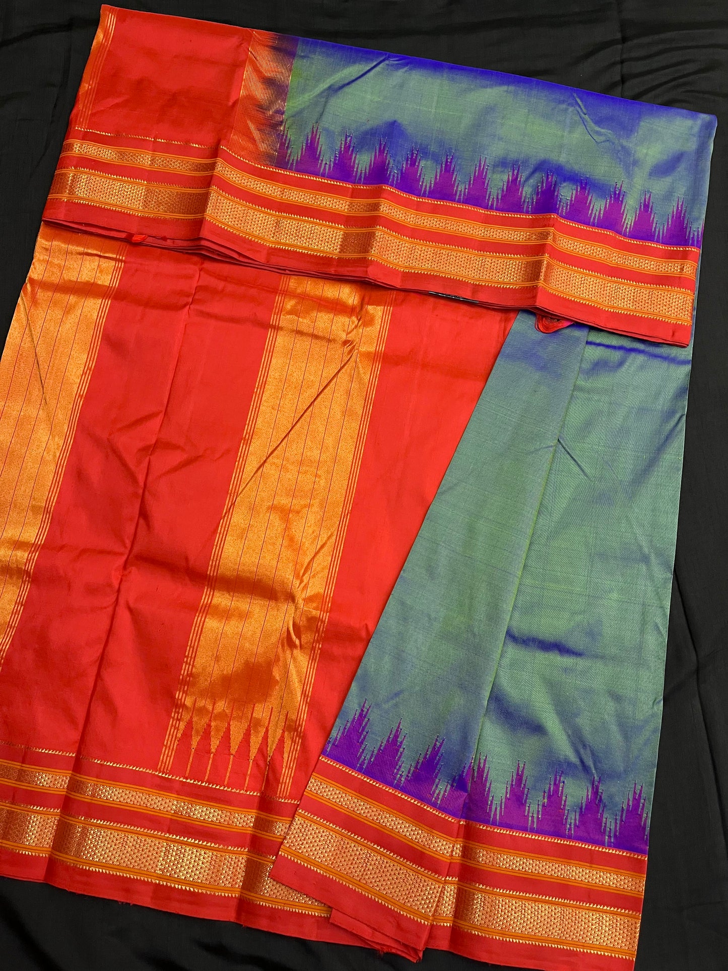 Metallic Blue Red Big Temple Ilkal Silk Saree