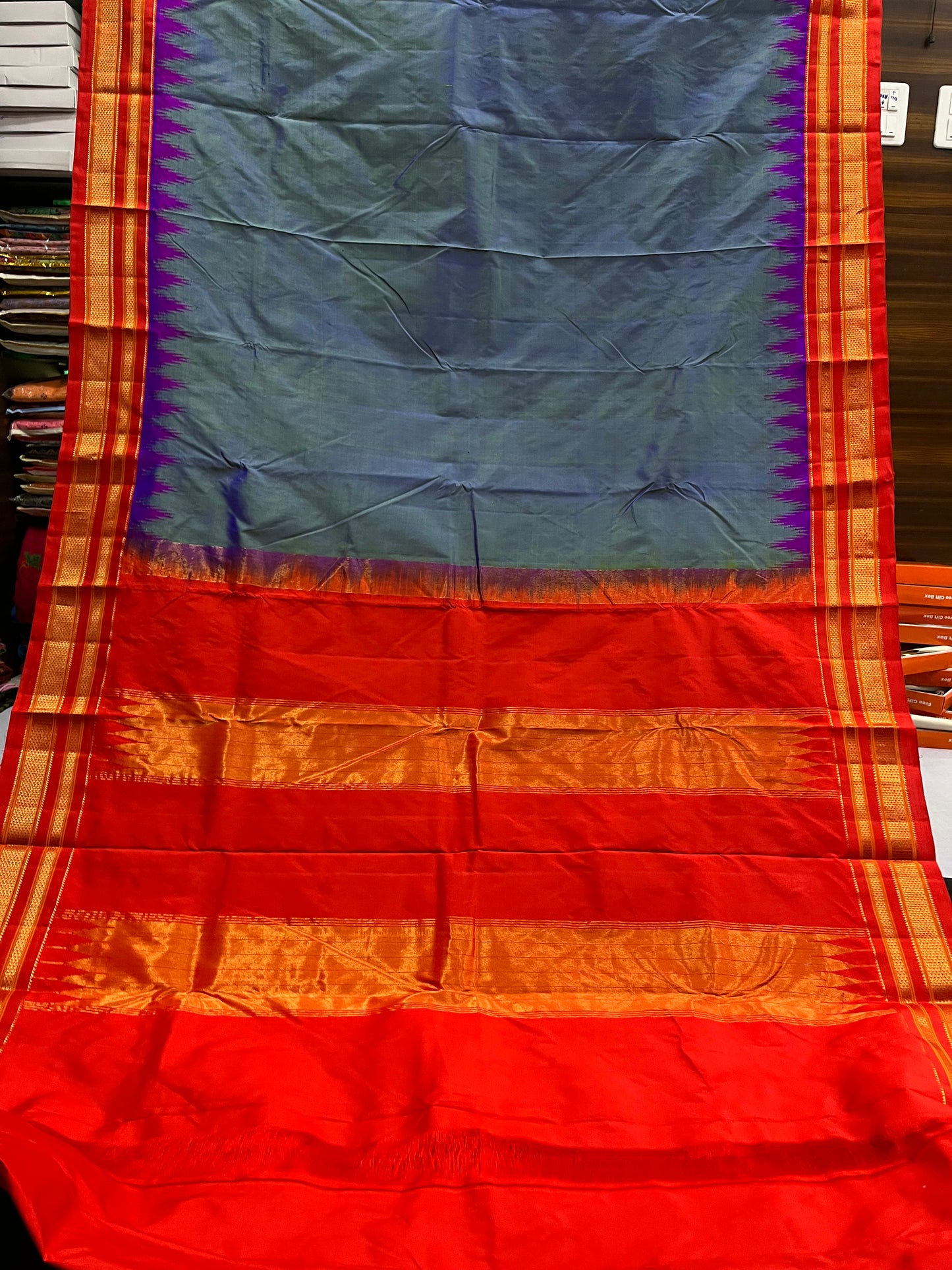 Metallic Blue Red Big Temple Ilkal Silk Saree