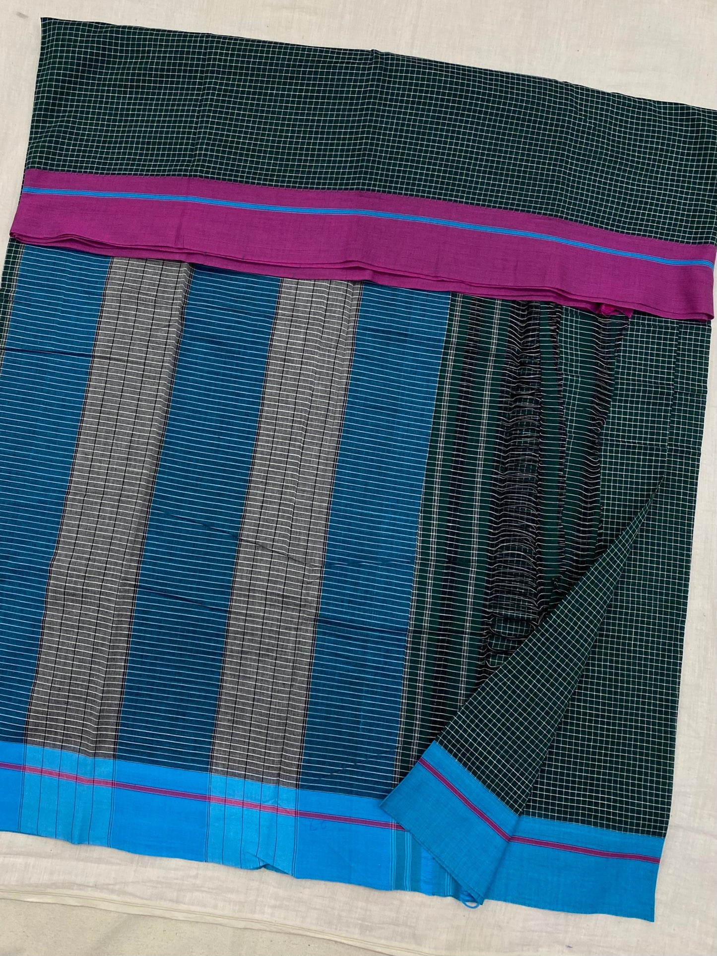 Pink-Blue Border Green Patteda Anchu Saree