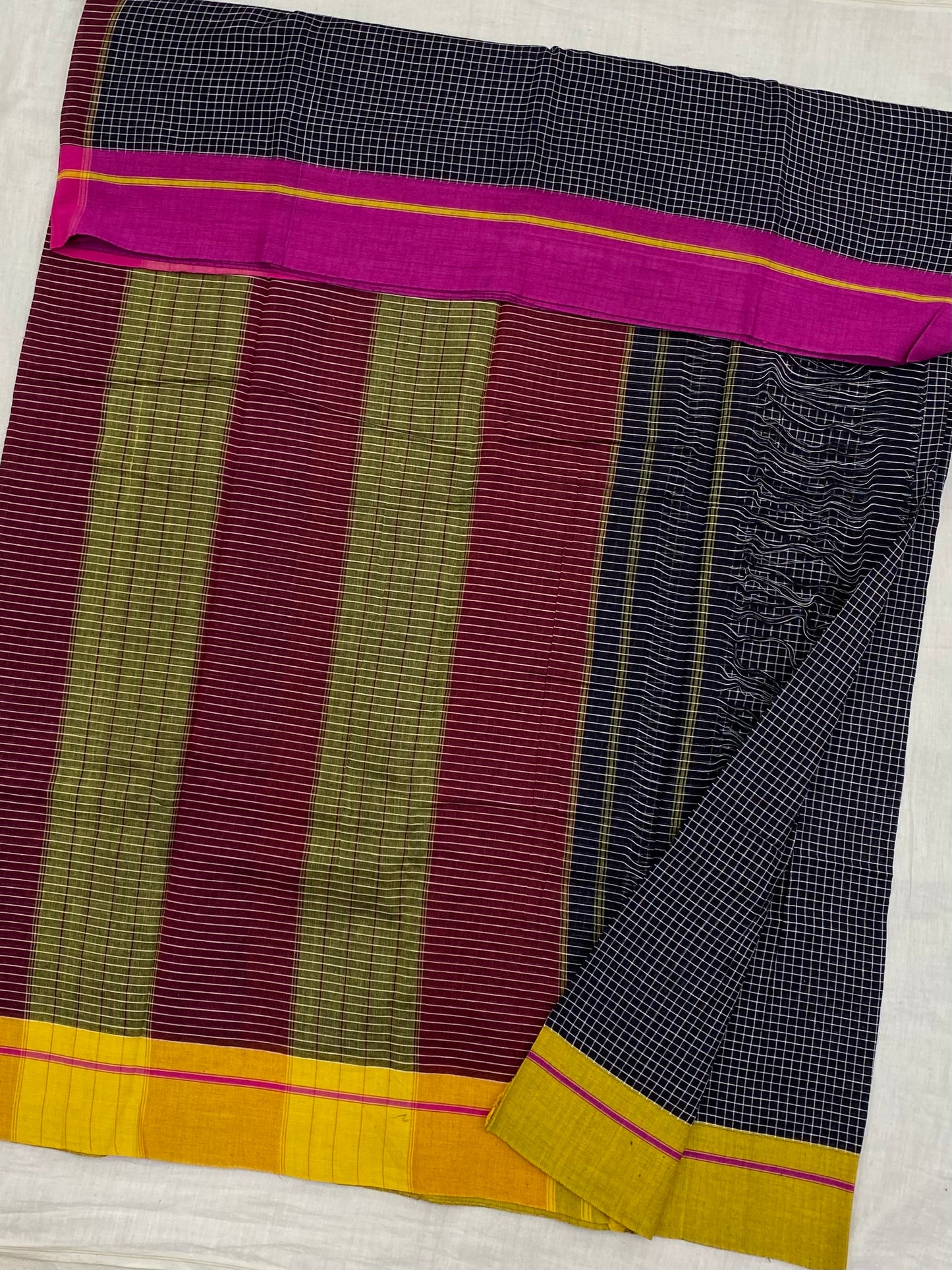 Yellow-Pink Border Black Patteda Anchu Saree