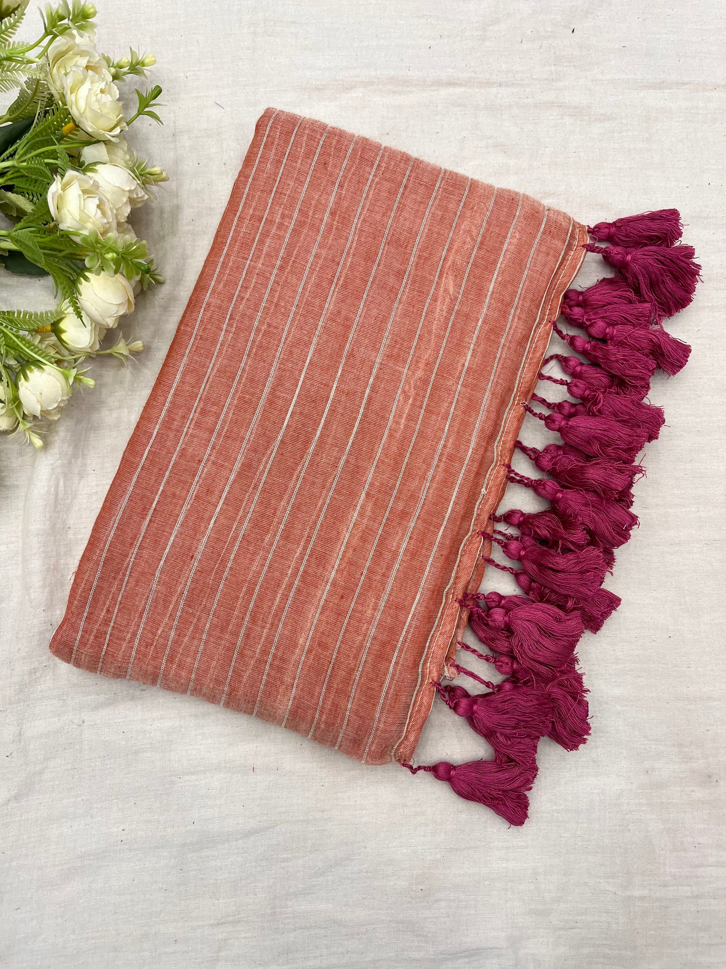 Peach Zari Lines Mulmul Saree