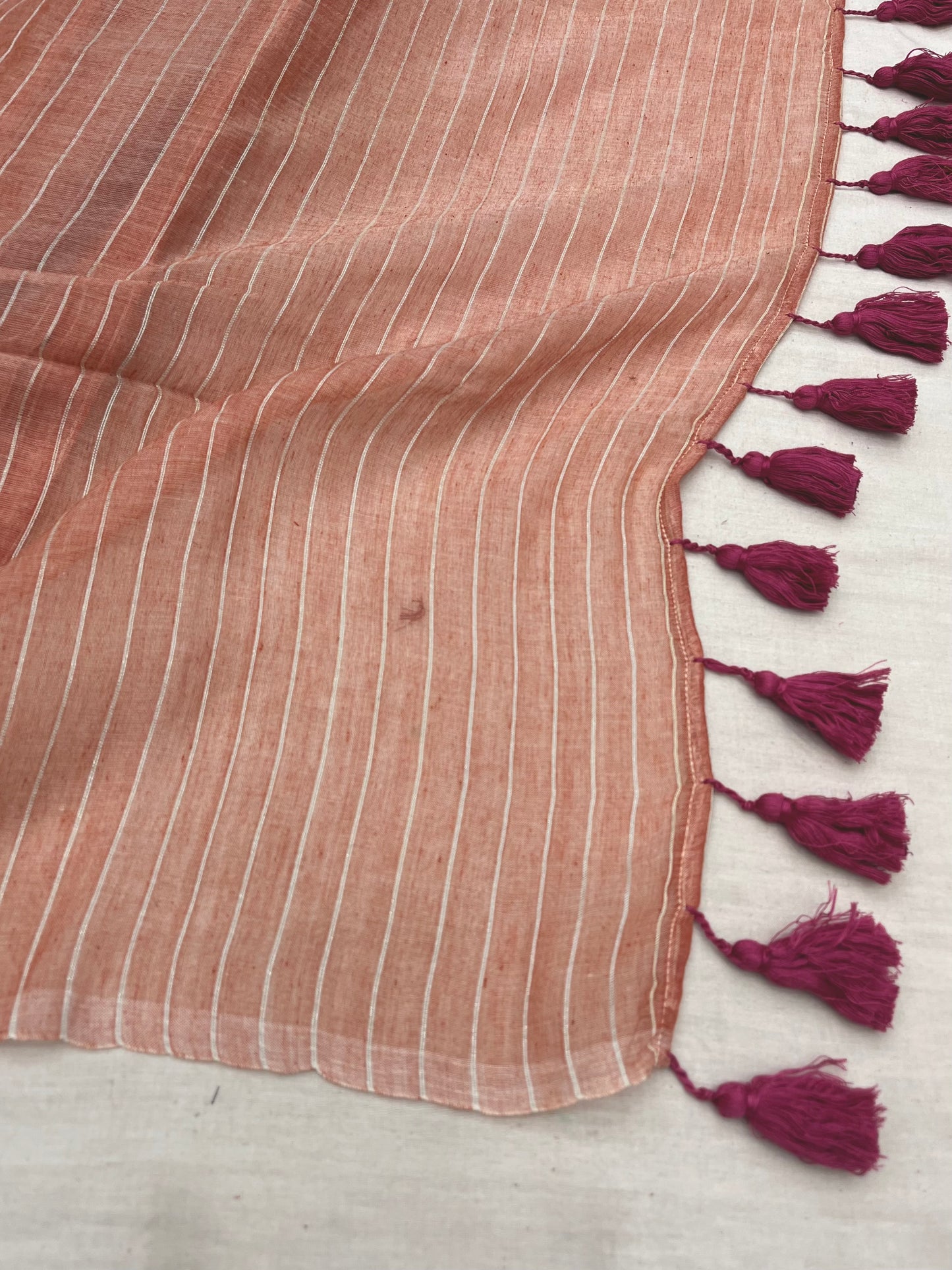 Peach Zari Lines Mulmul Saree