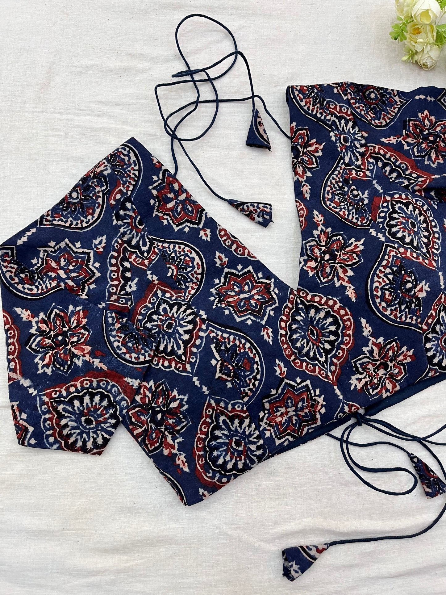 Blue Red Ajrakh Cotton Elbow Sleeves Blouse