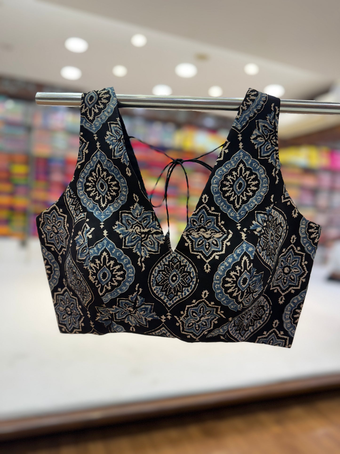 Blue Black Ajrakh Modal Silk Sleeveless Blouse