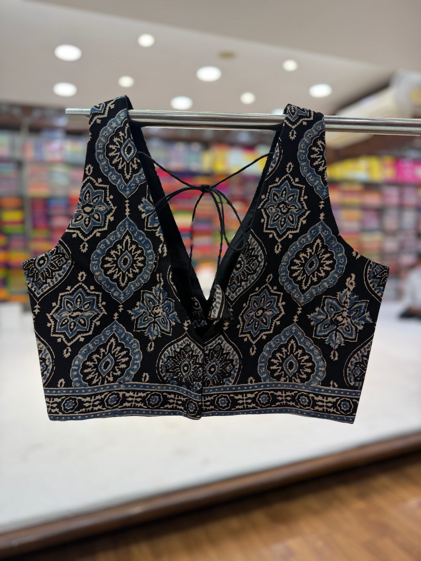 Blue Black Ajrakh Modal Silk Sleeveless Blouse