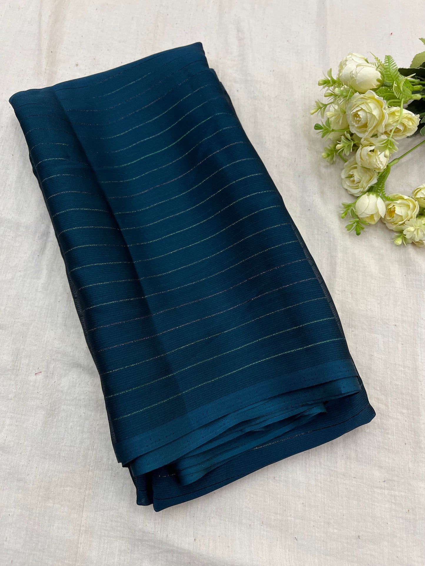Teal Chinon Stripe Plain Saree