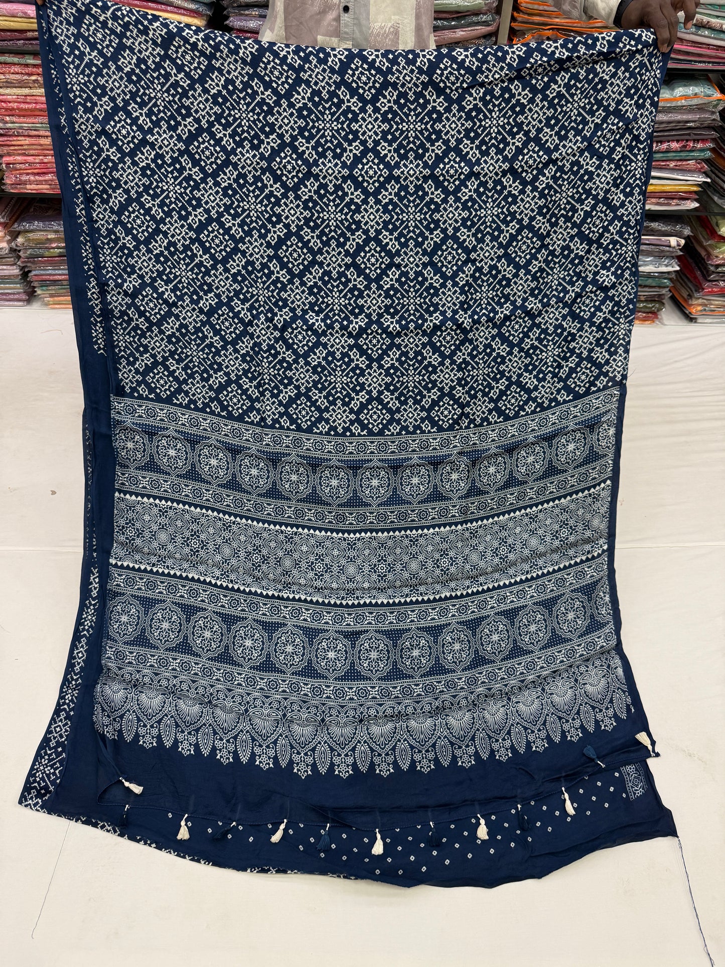 Teal Blue Balochi Baithak Ajrakh Modal Silk Saree