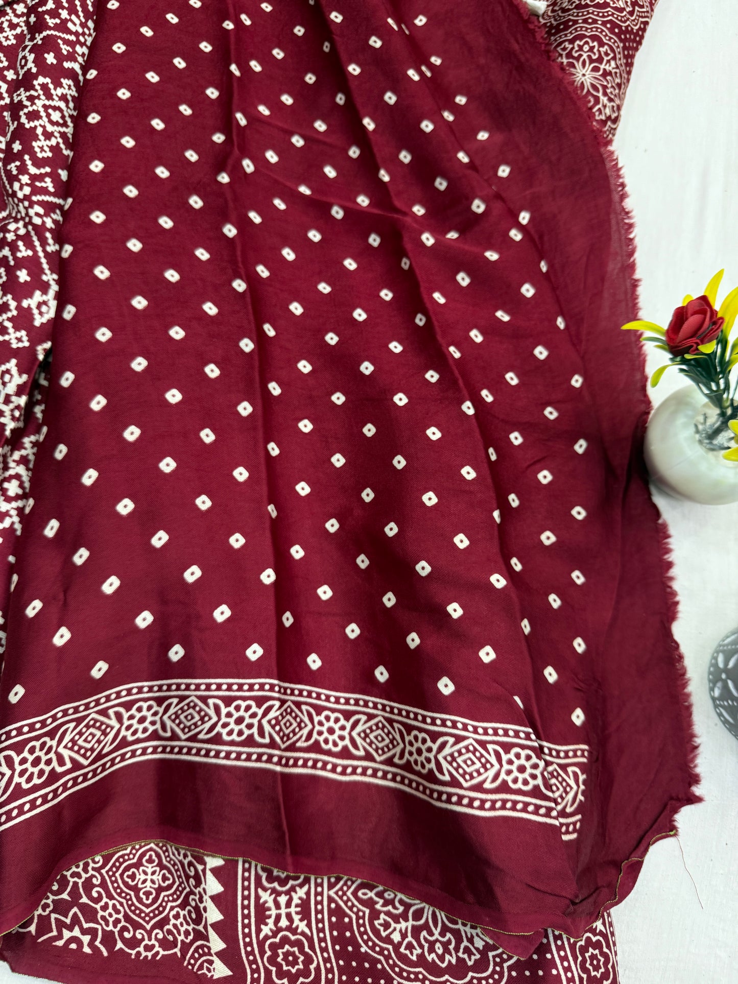 Maroon Balochi Baithak Ajrakh Modal Silk Saree