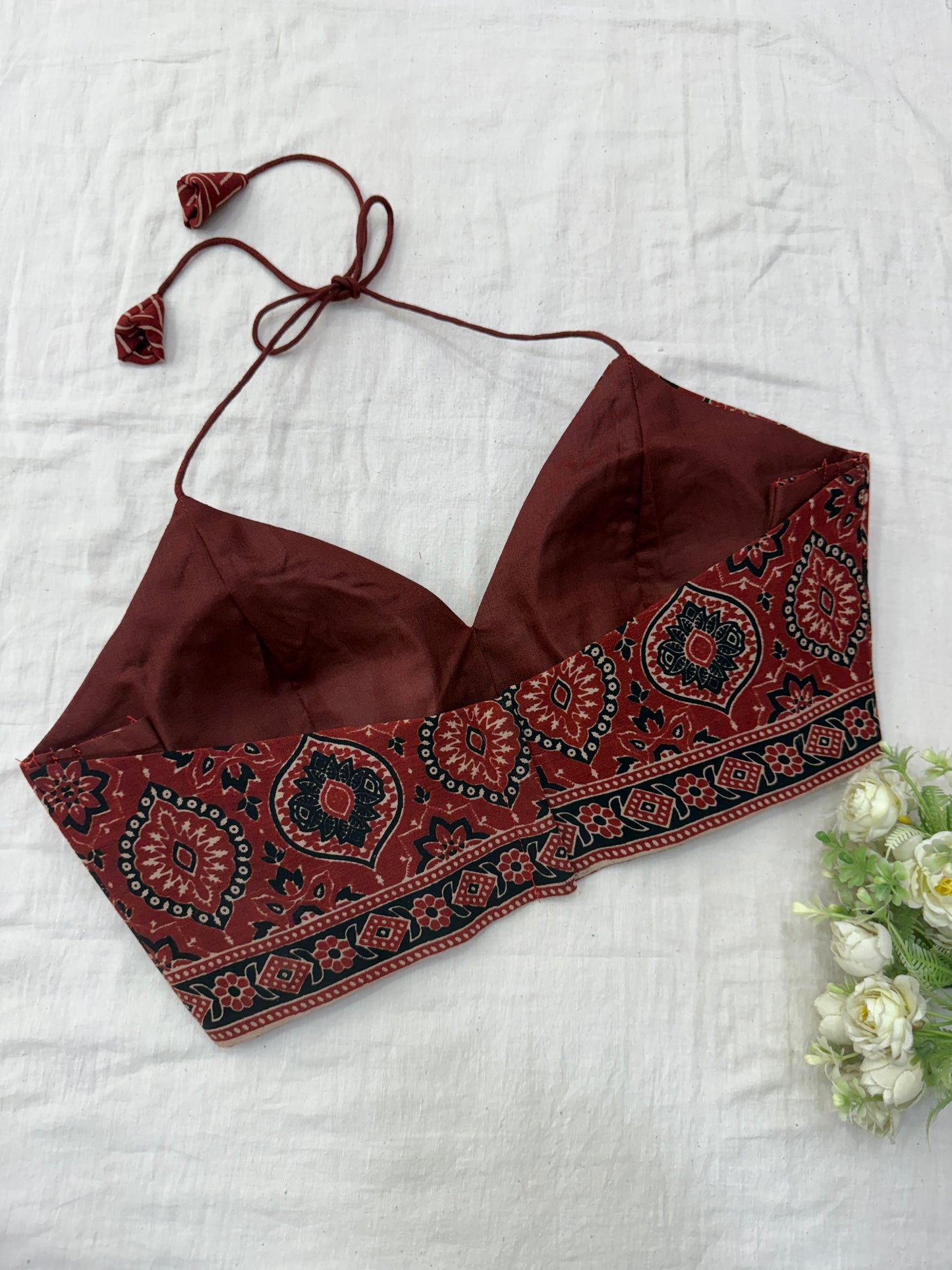 Rustic Red Badam Ajrakh Cotton Saree Blouse Set