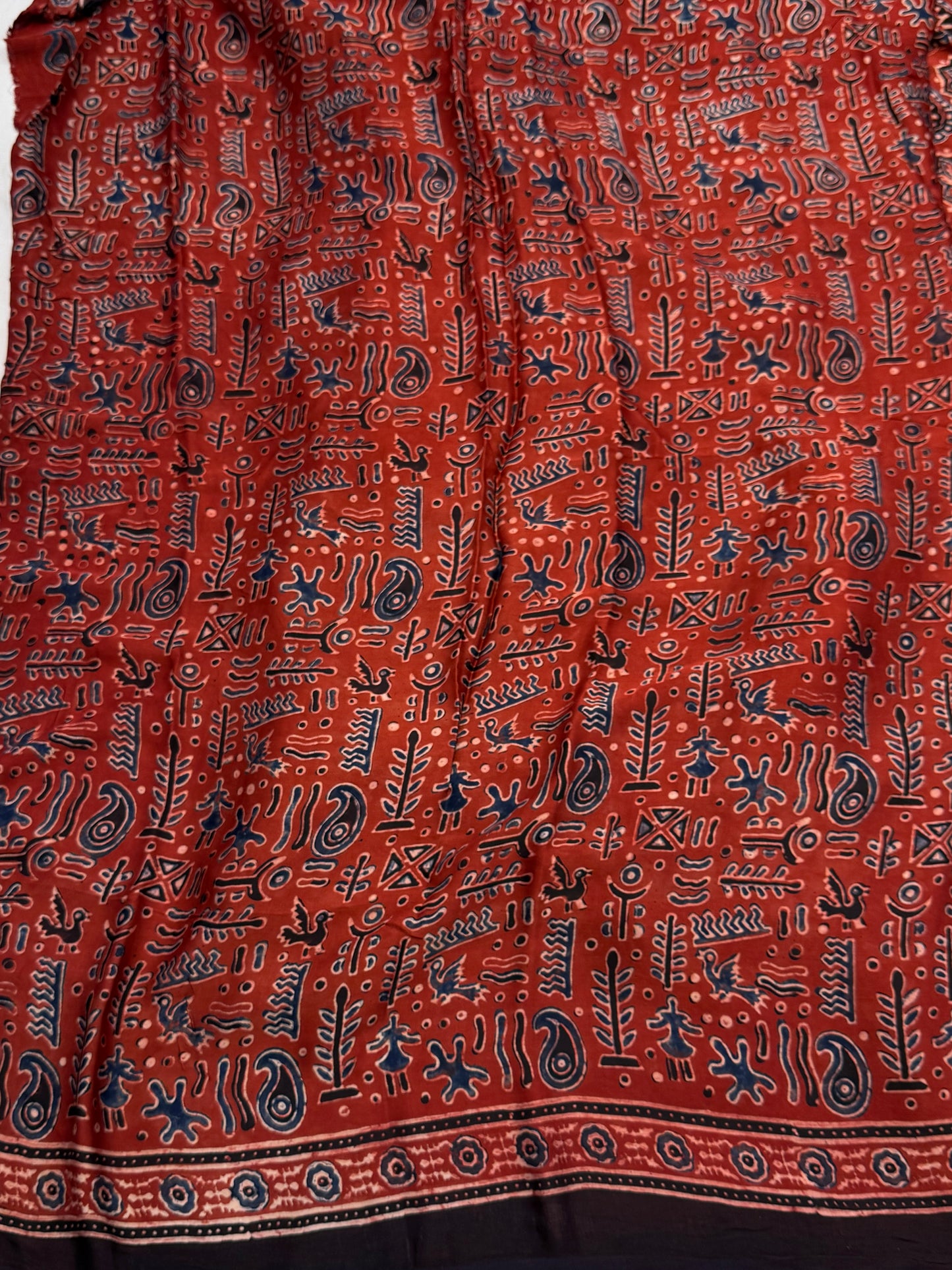 Red Black Border Badam Ajrakh Modal Silk Saree