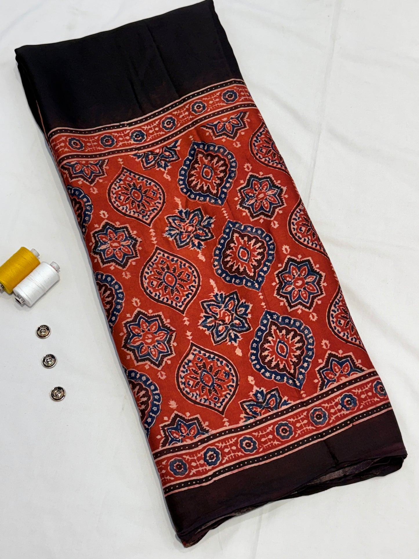 Raag Badam Red Black Ajrakh Print Modal Silk Saree