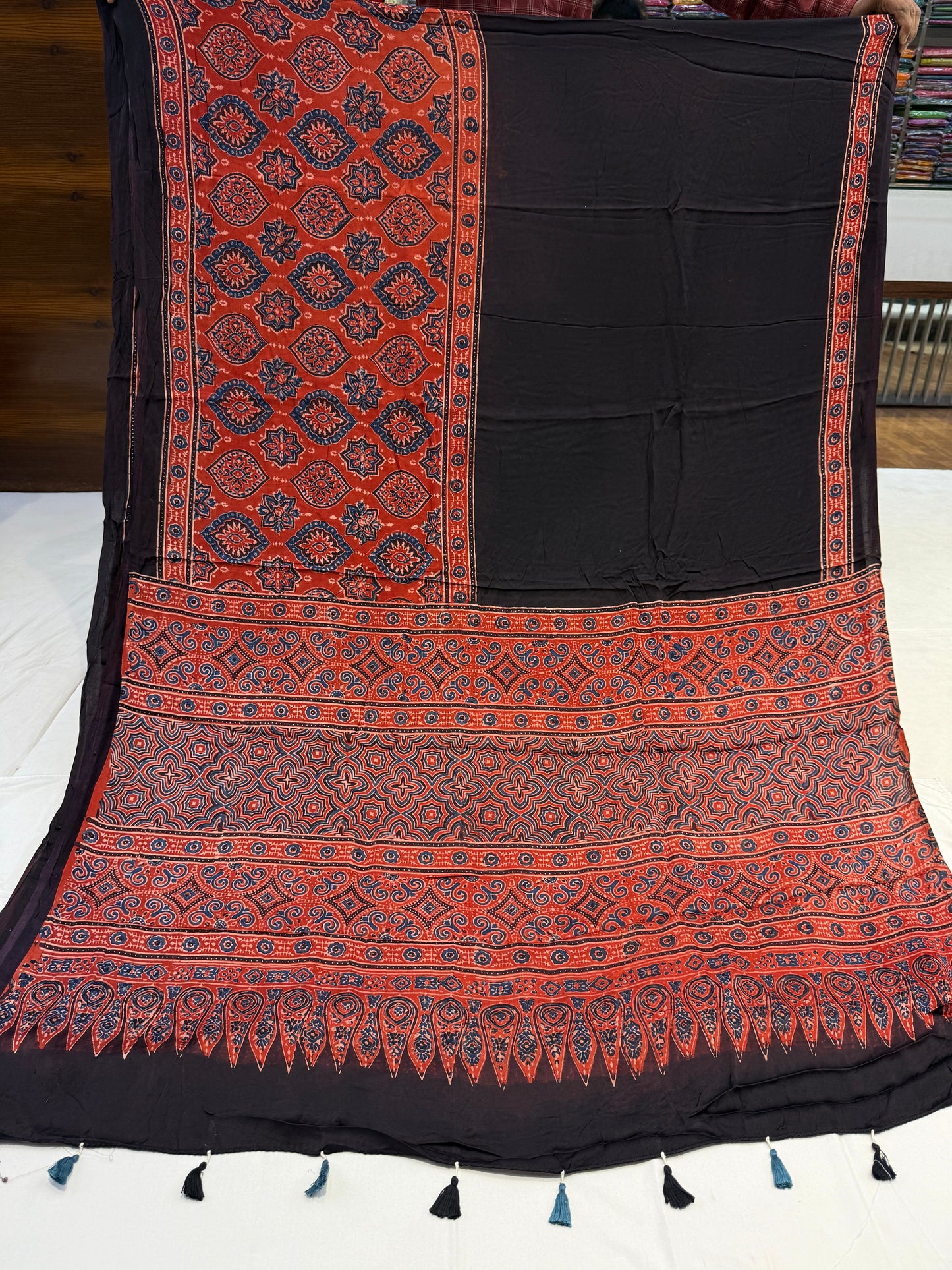 Raag Badam Red Black Ajrakh Print Modal Silk Saree