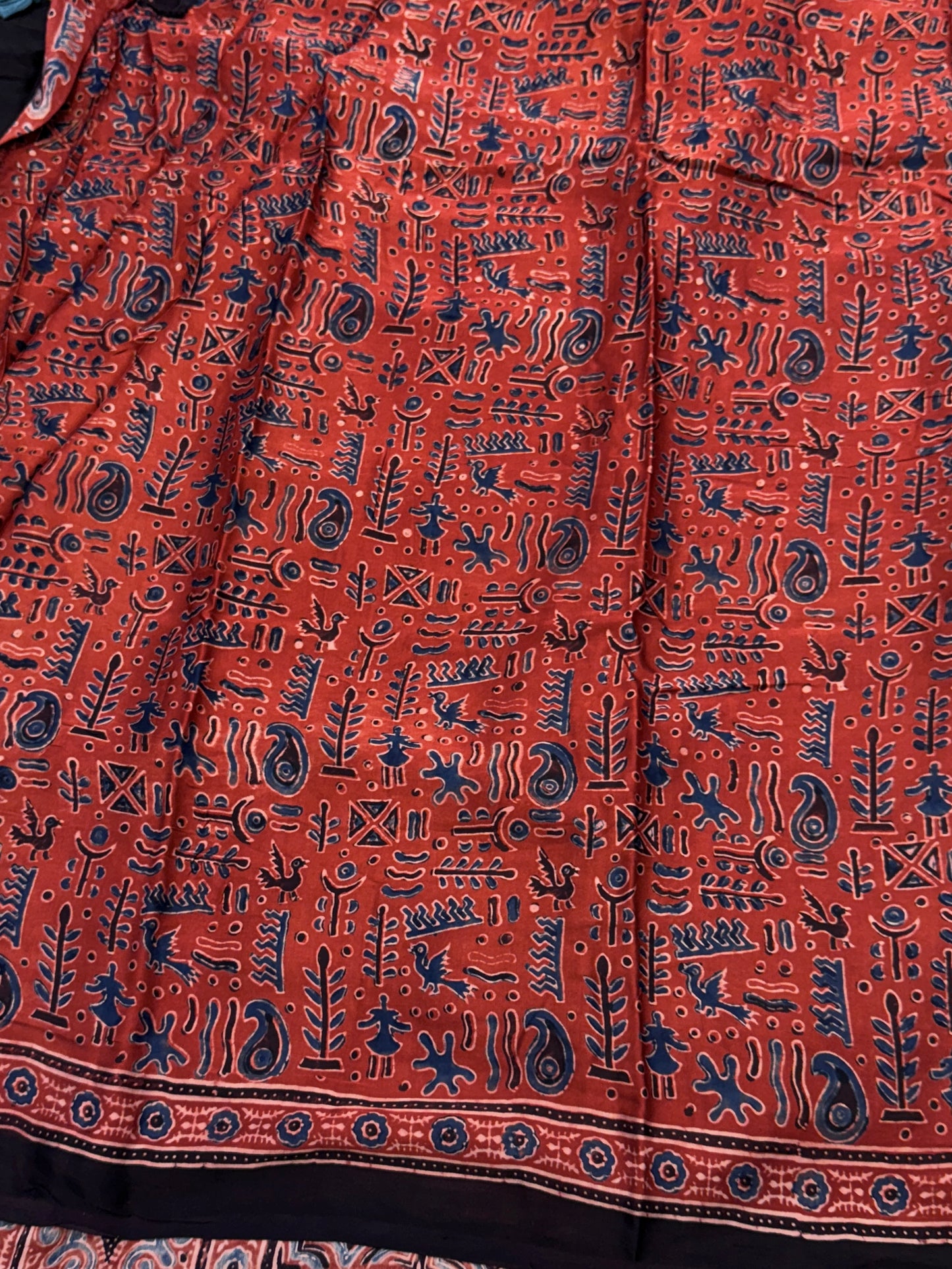 Raag Badam Red Black Ajrakh Print Modal Silk Saree