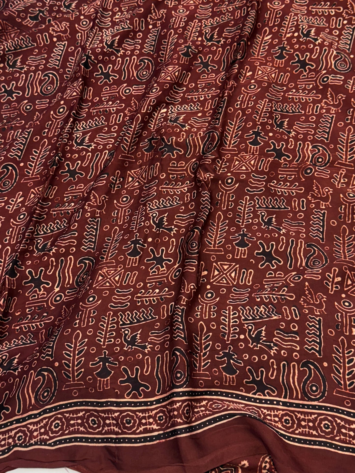Matte Brown Badam Ajrakh Modal Silk Saree