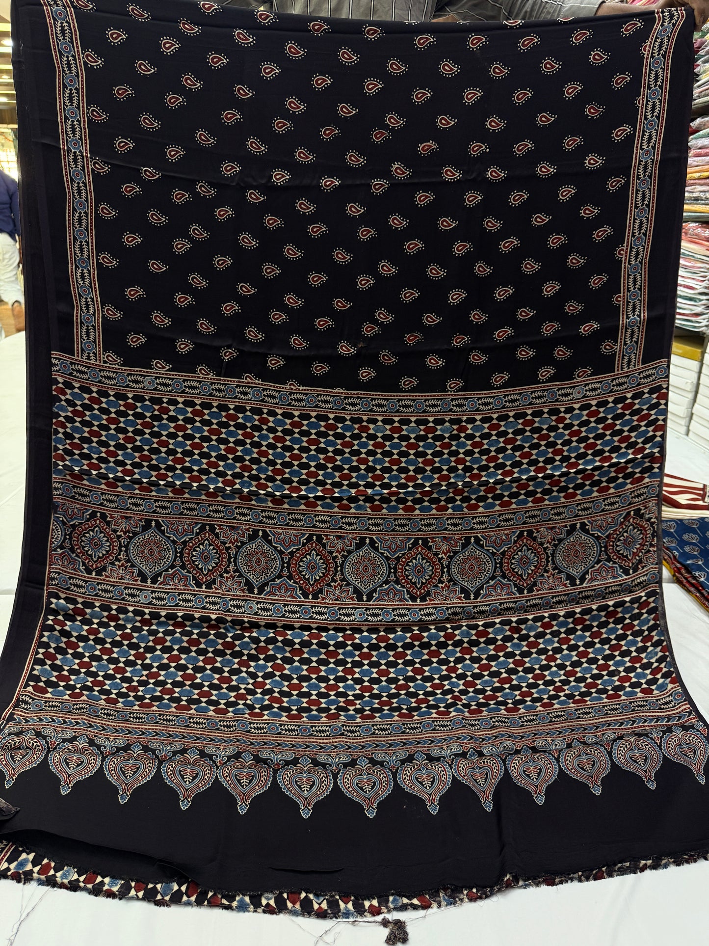 Kaali Kairi Ajrakh Modal Silk Saree