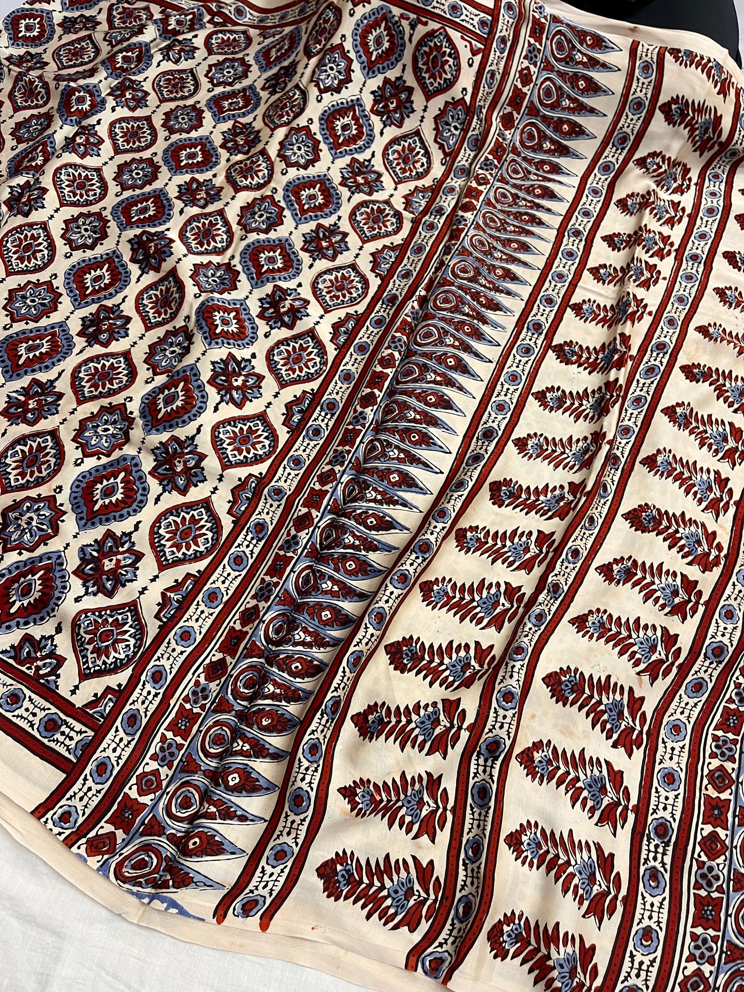 Creamy Badam Ajrakh Print Modal Silk Saree