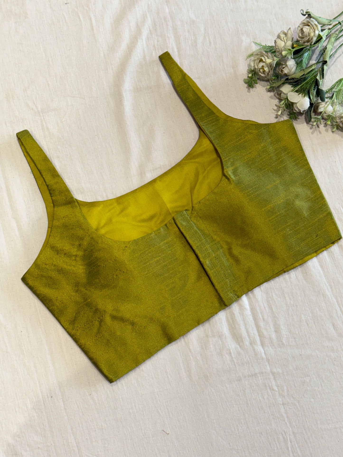 Olive Scoop Neck Raw Silk Blouse
