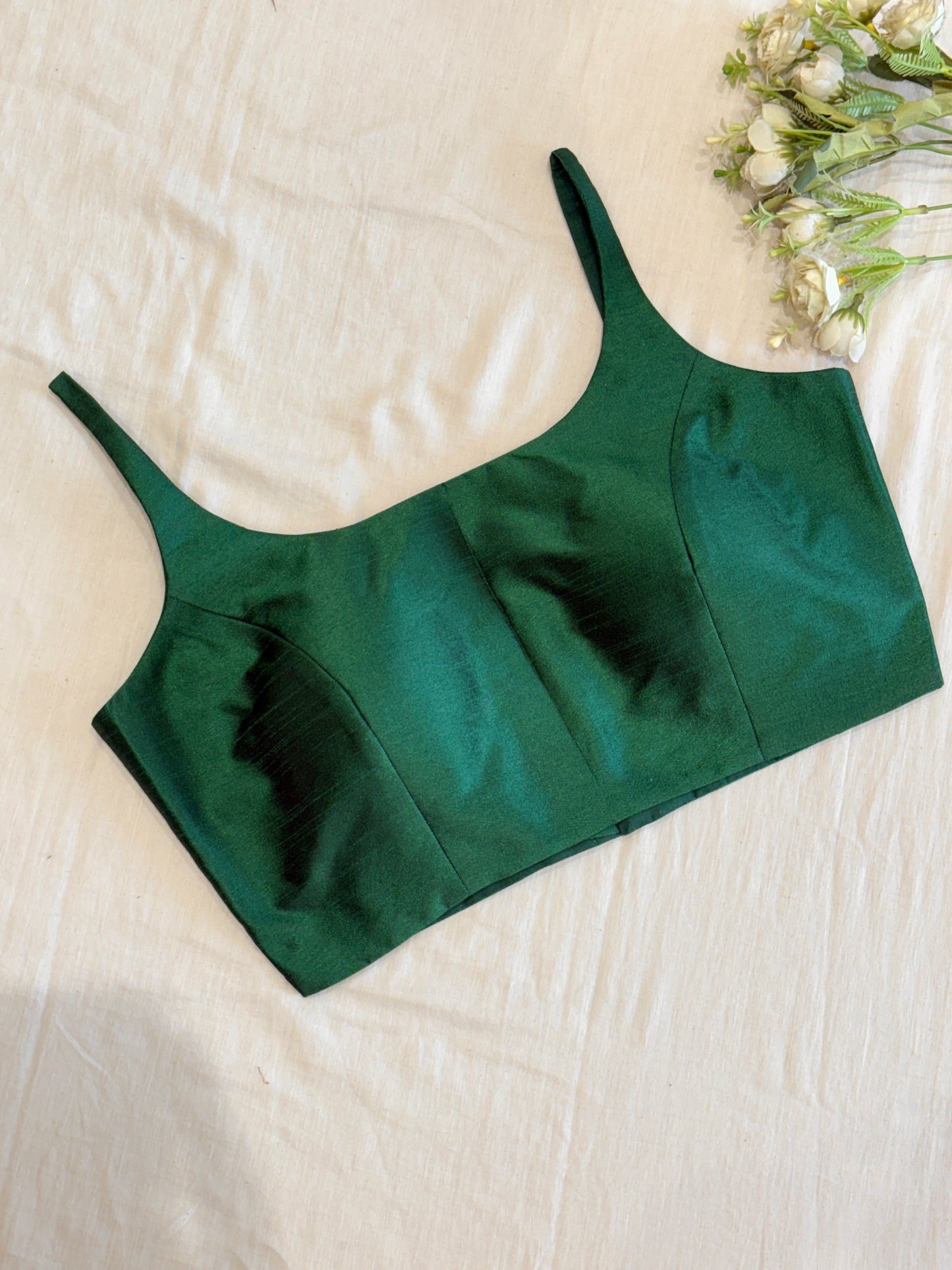 Green Scoop Neck Raw Silk Blouse