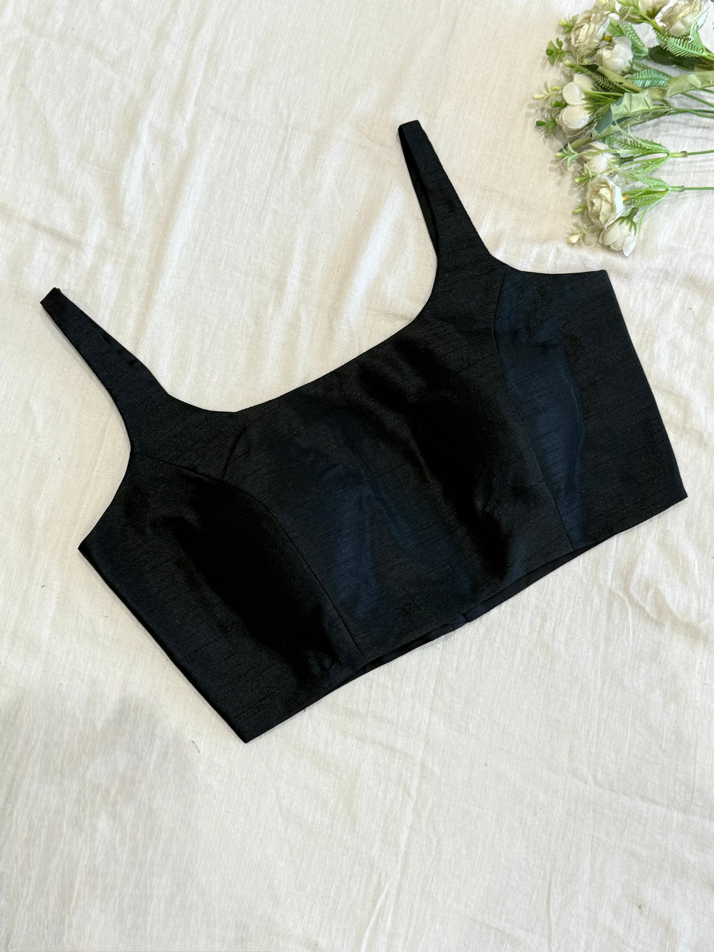 Black Scoop Neck Raw Silk Blouse