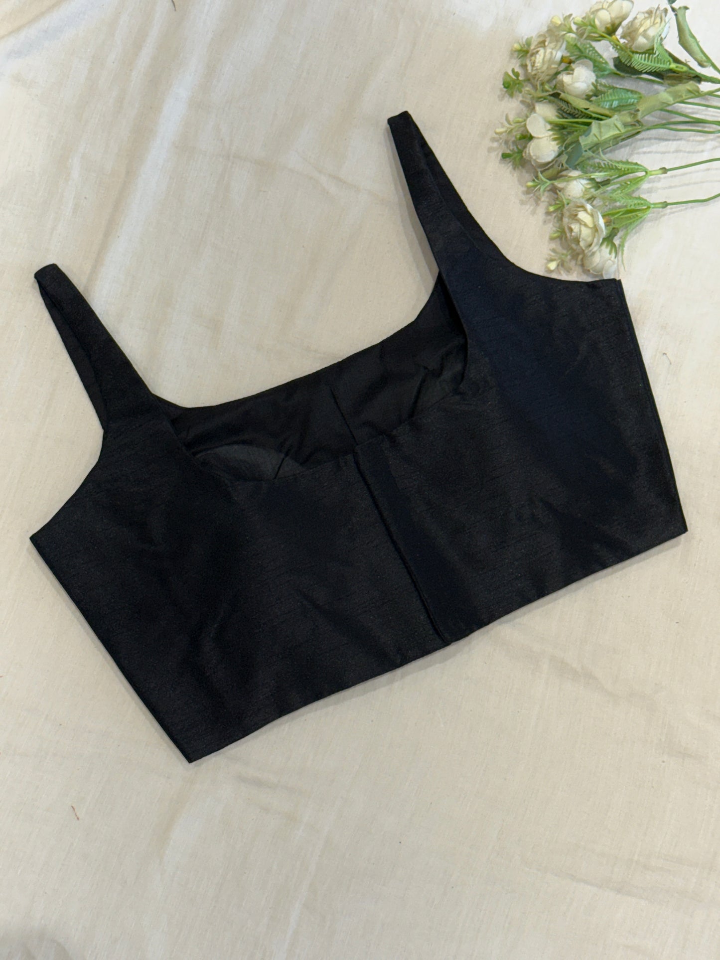Black Scoop Neck Raw Silk Blouse