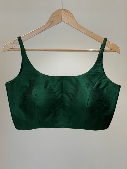 Green Scoop Neck Raw Silk Blouse
