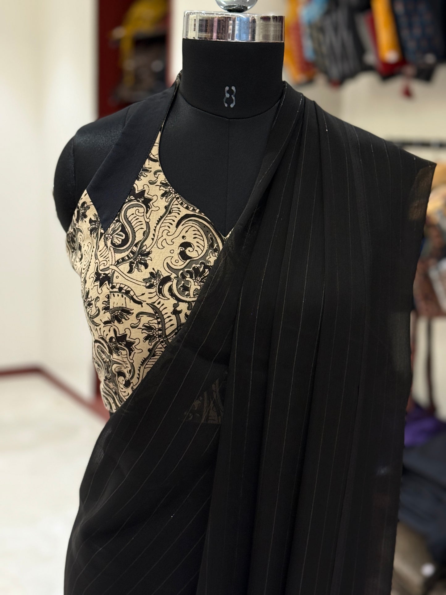 Black Chinon Saree & Kalamkari Halter Blouse Combo Set