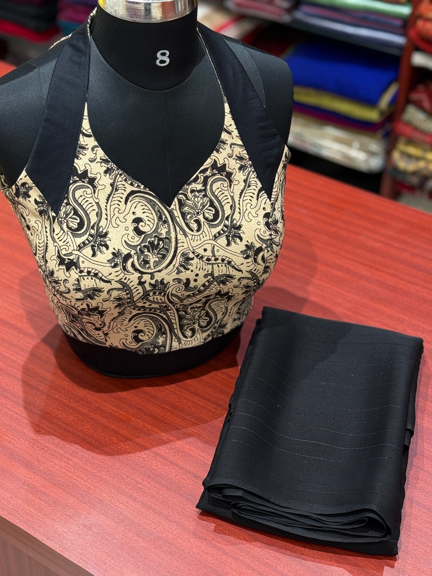 Black Chinon Saree & Kalamkari Halter Blouse Combo Set