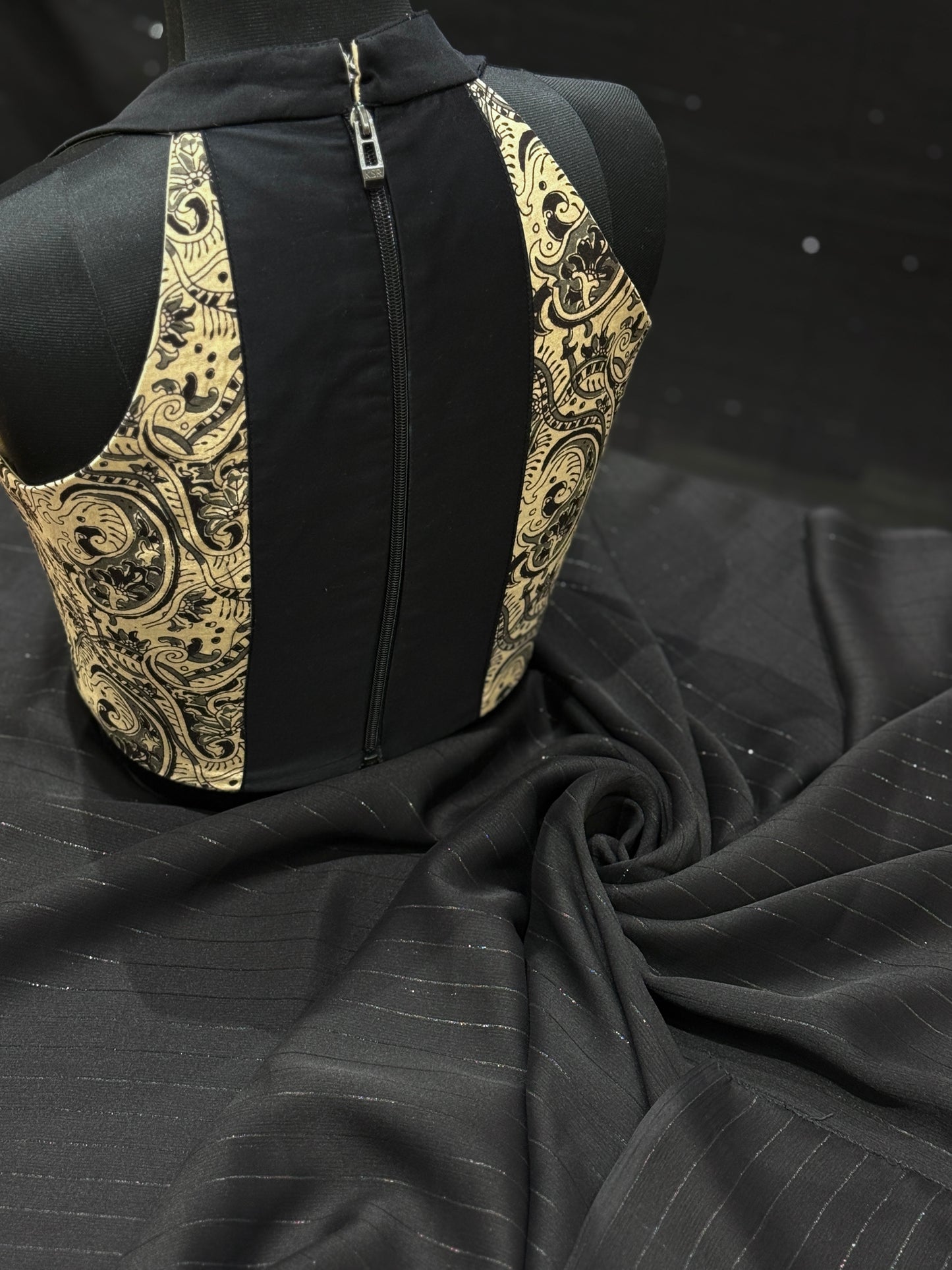 Black Chinon Saree & Kalamkari Halter Blouse Combo Set