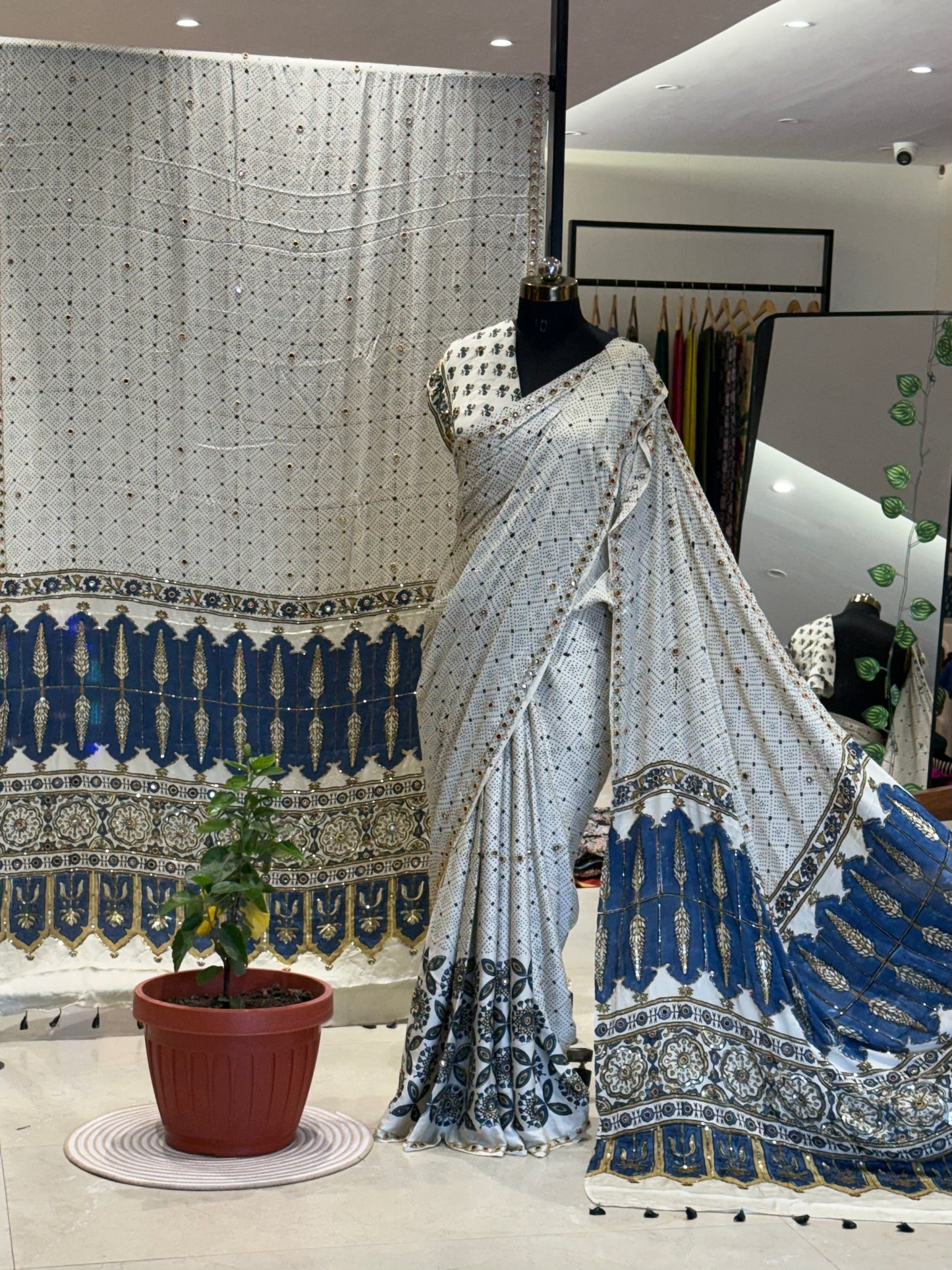 Shubhra Ajrakh Hand Work Saree