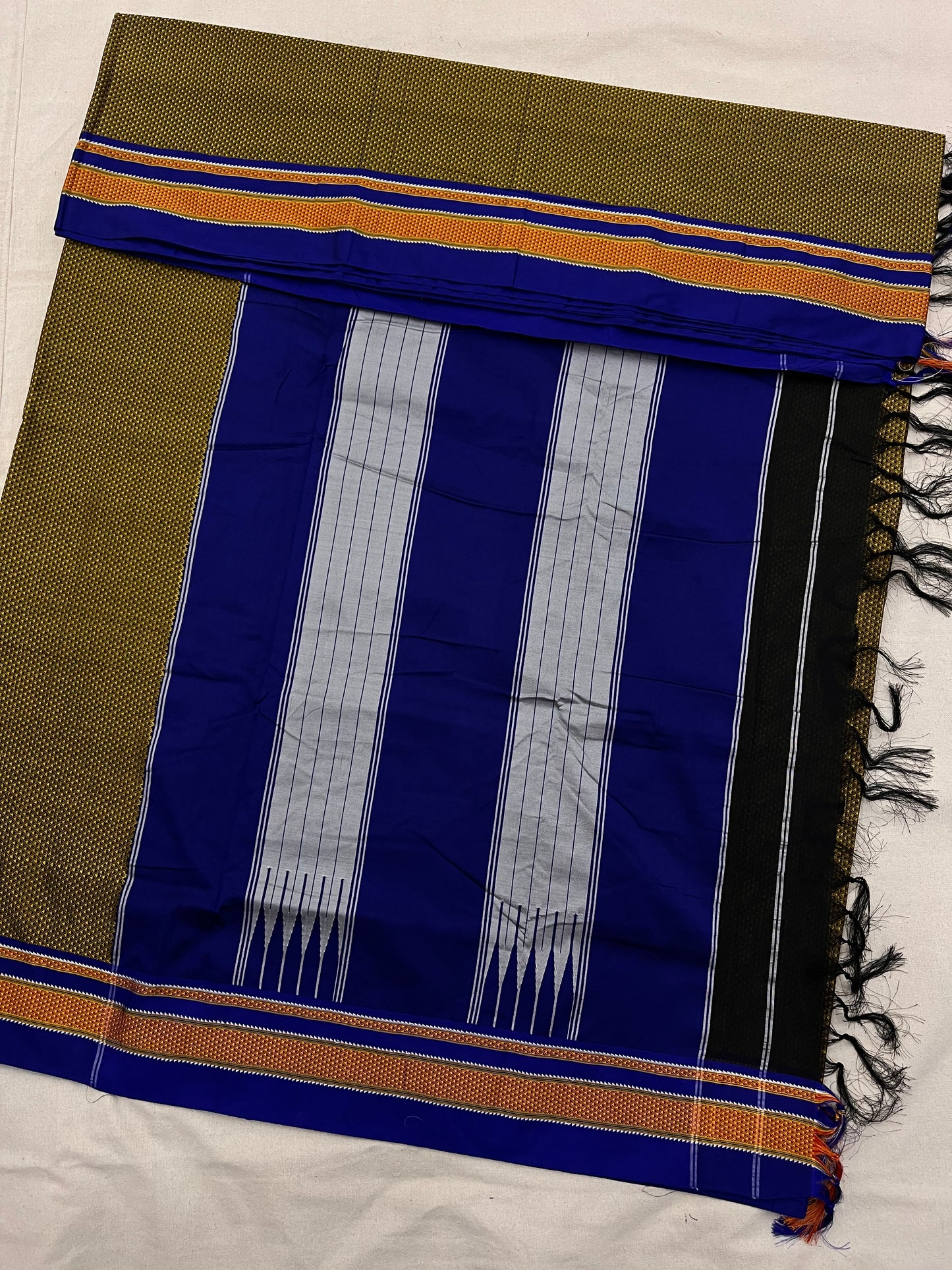 Olive Blue Border Khun Saree