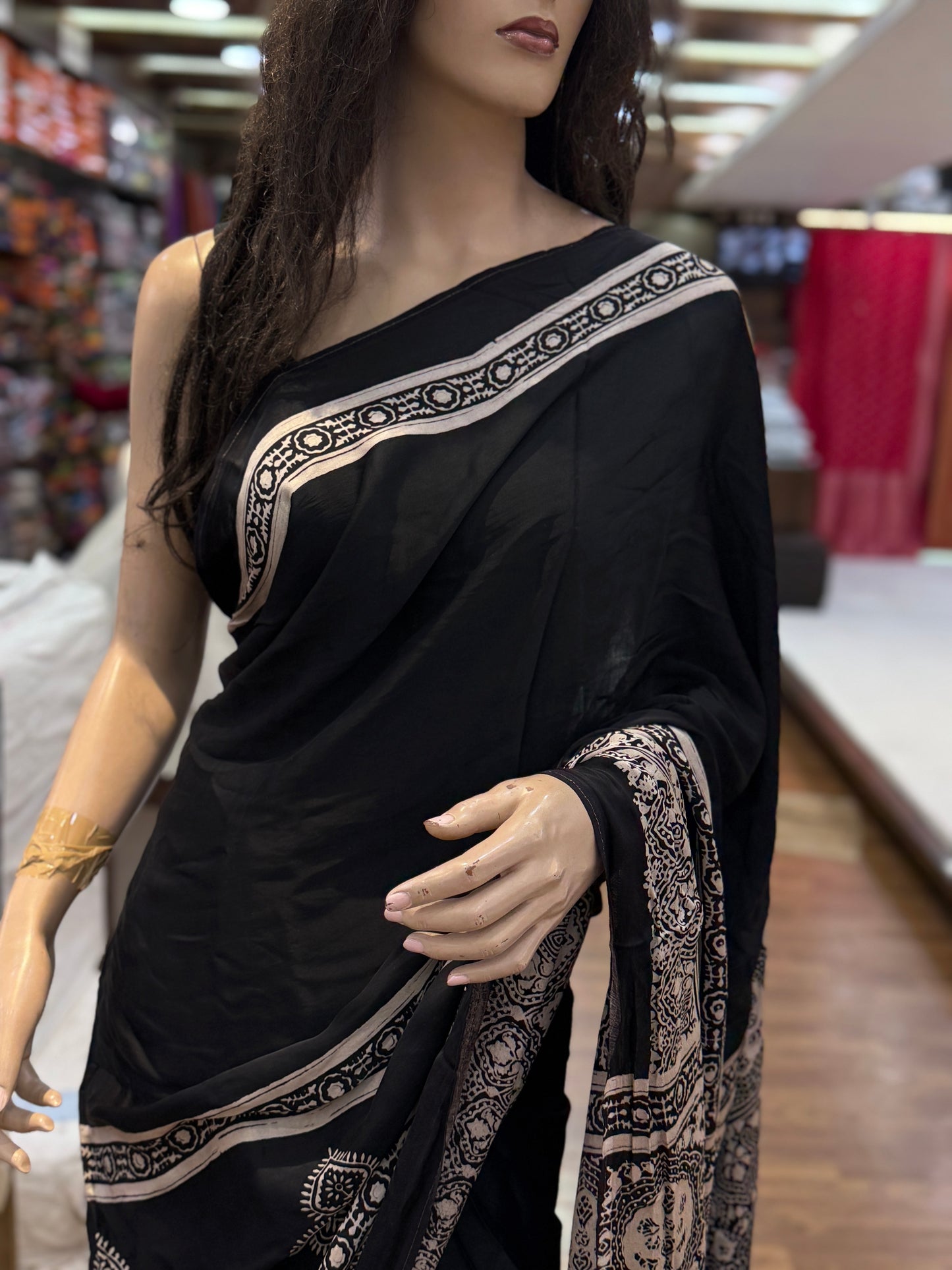 Megha Black Ajrakh Modal Silk Saree