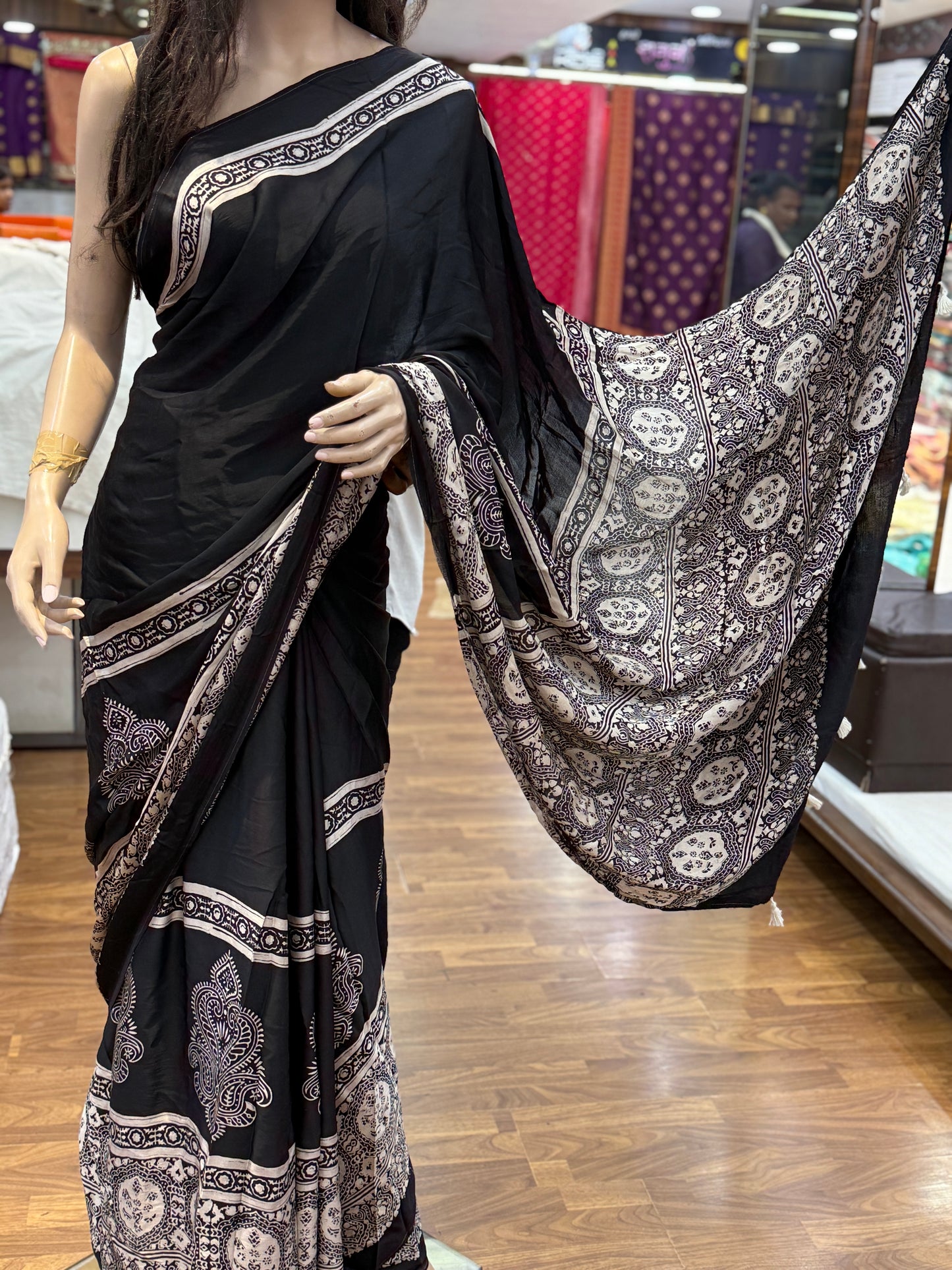 Megha Black Ajrakh Modal Silk Saree
