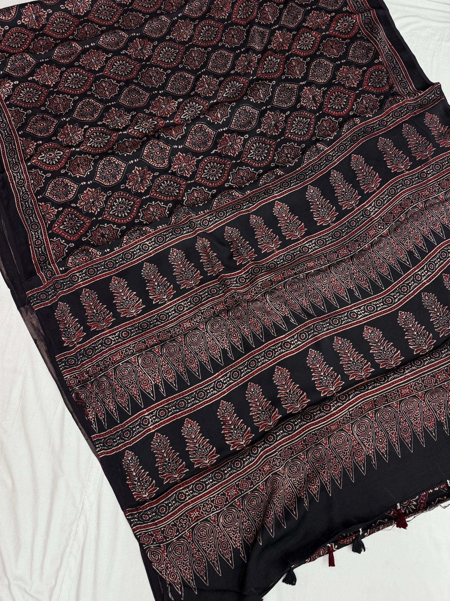 Black Badam Ajrakh Modal Silk Saree