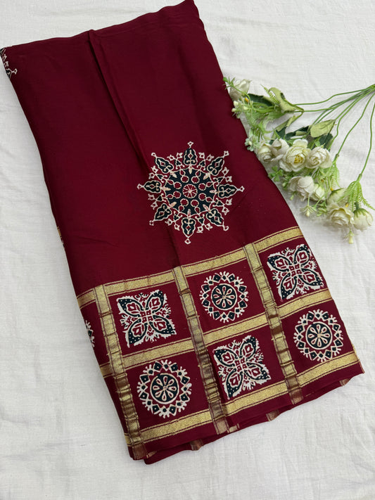 Maroon Ajrakh Gharchola Border Modal Silk Saree