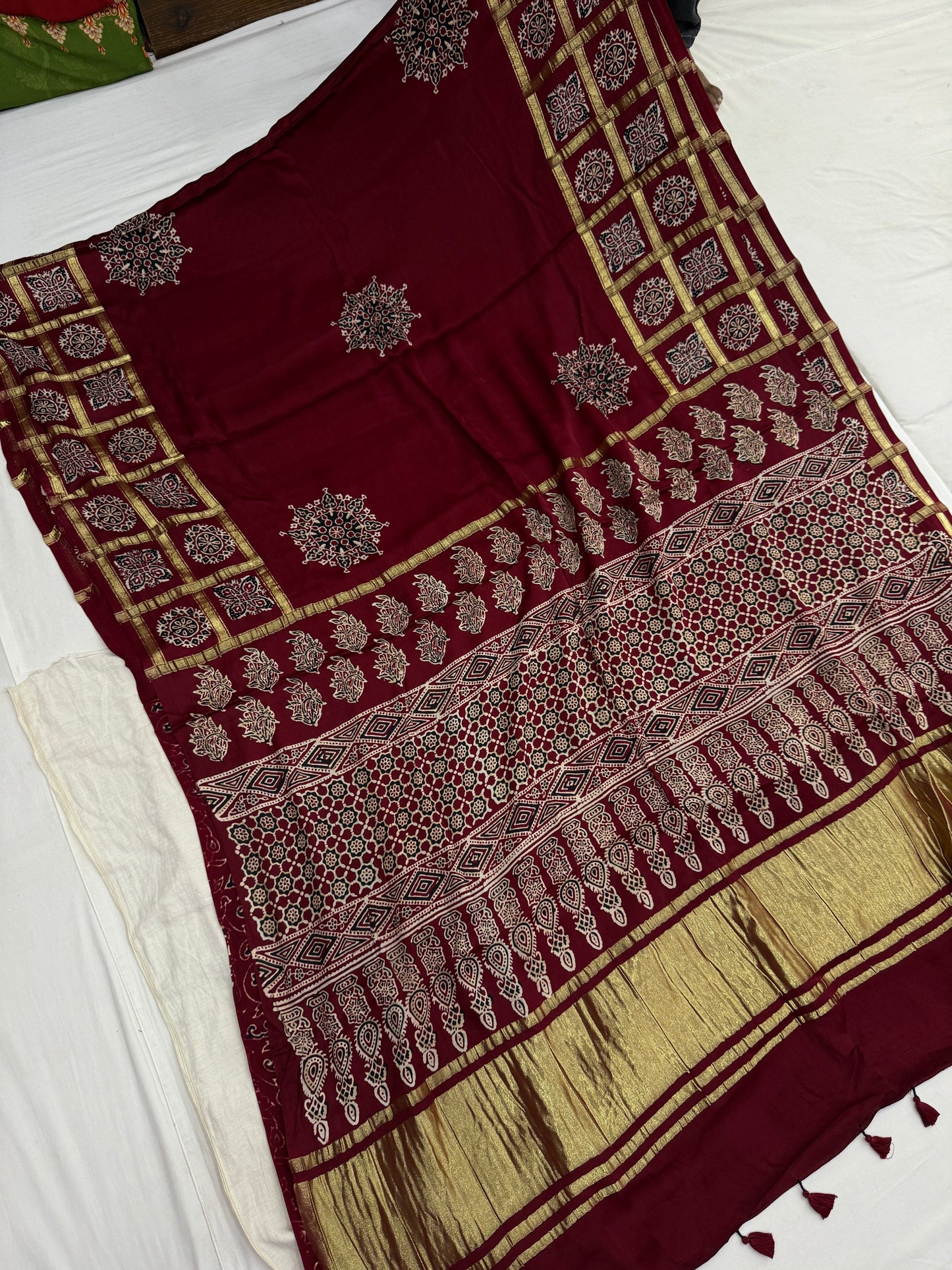 Maroon Ajrakh Gharchola Border Modal Silk Saree