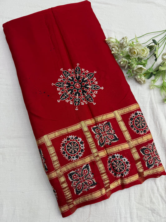 Red Ajrakh Gharchola Border Modal Silk Saree