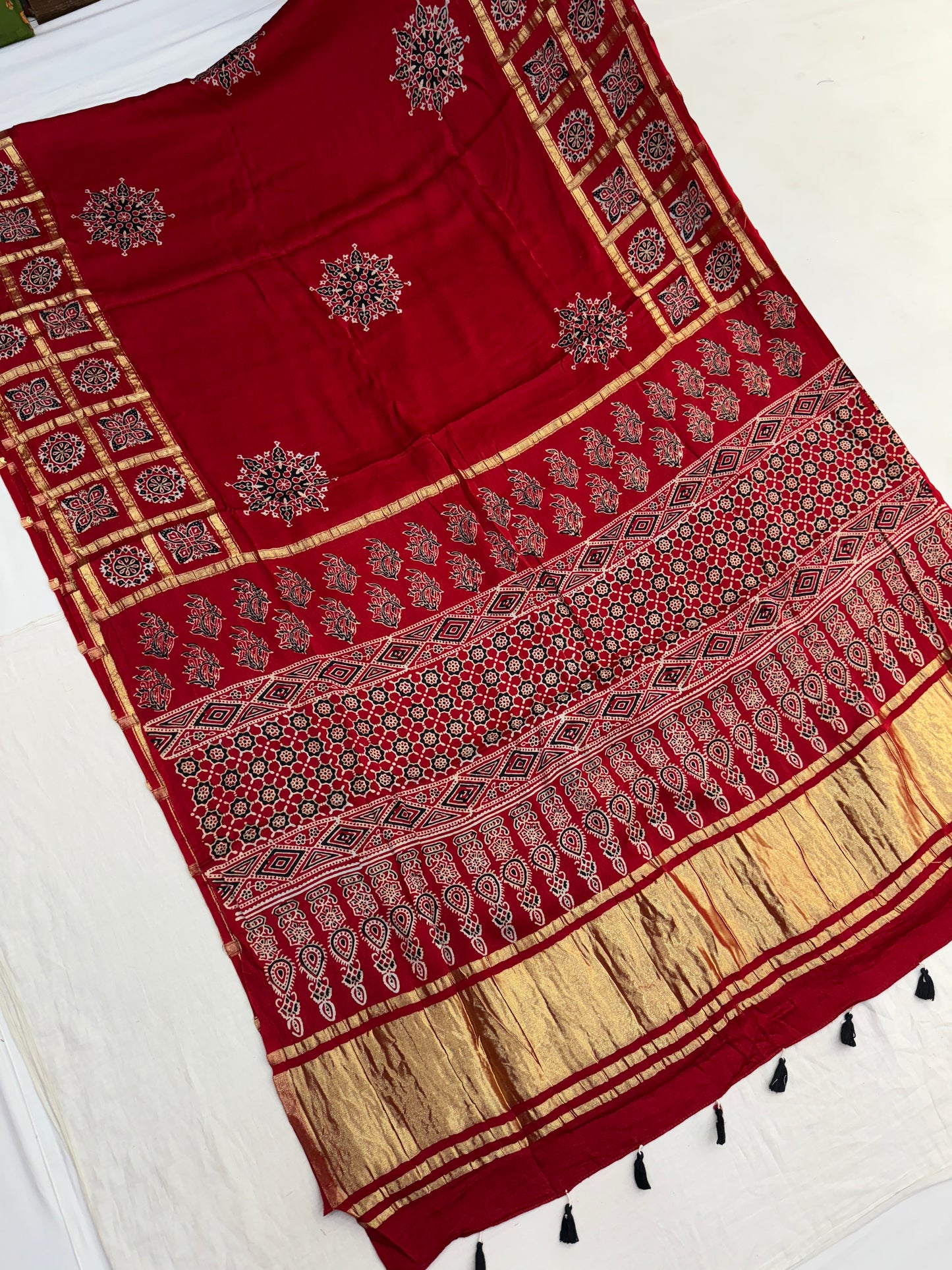 Red Ajrakh Gharchola Border Modal Silk Saree
