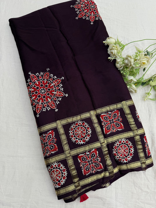 Garnett Wine Ajrakh Gharchola Border Modal Silk Saree