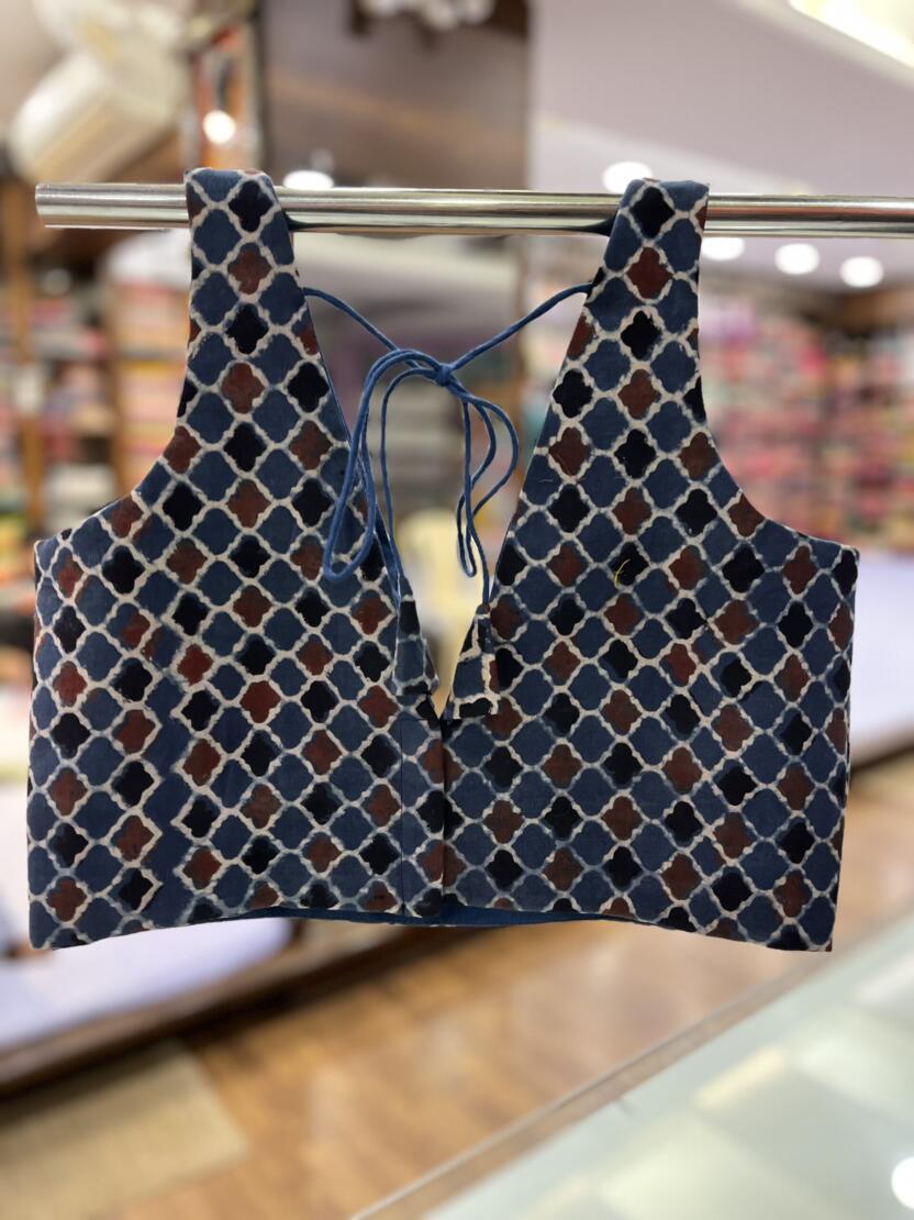 Ash Blue Ajrakh Cobra Print Sleeveless Blouse