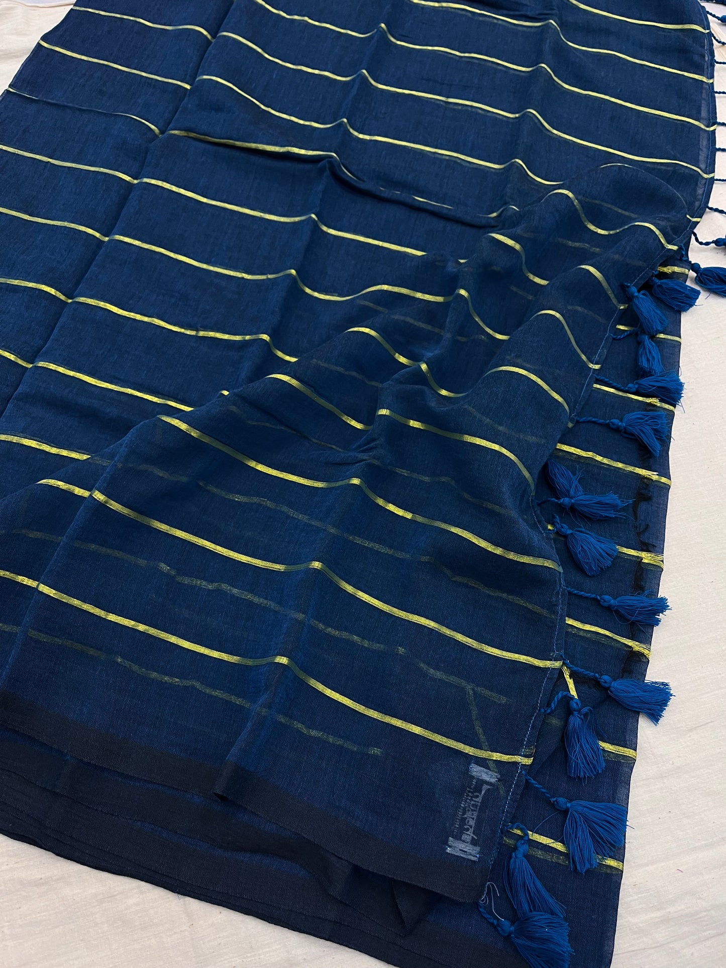 Teal Black Zari Stripes Mulmul Saree