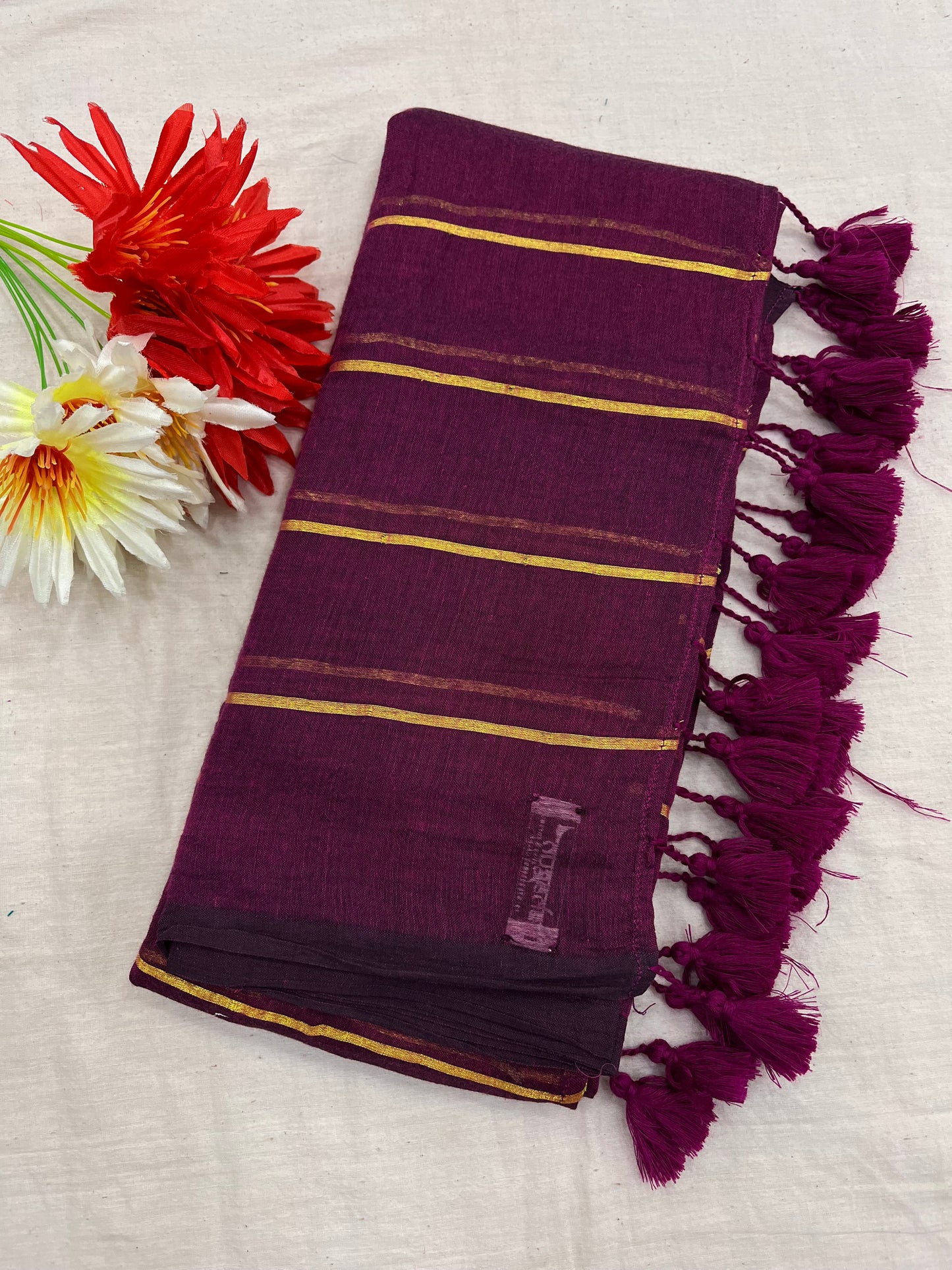 Wine Zari Stripes Mulmul Saree