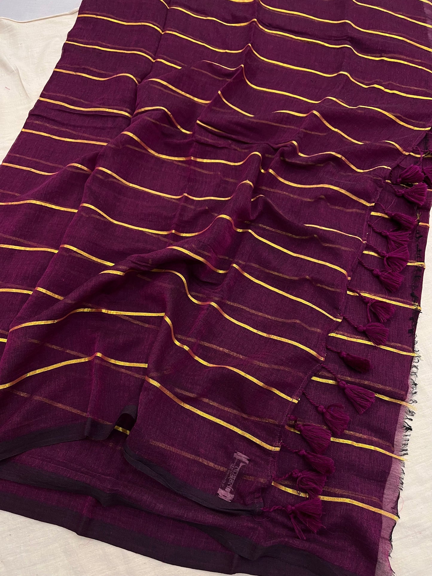 Wine Zari Stripes Mulmul Saree