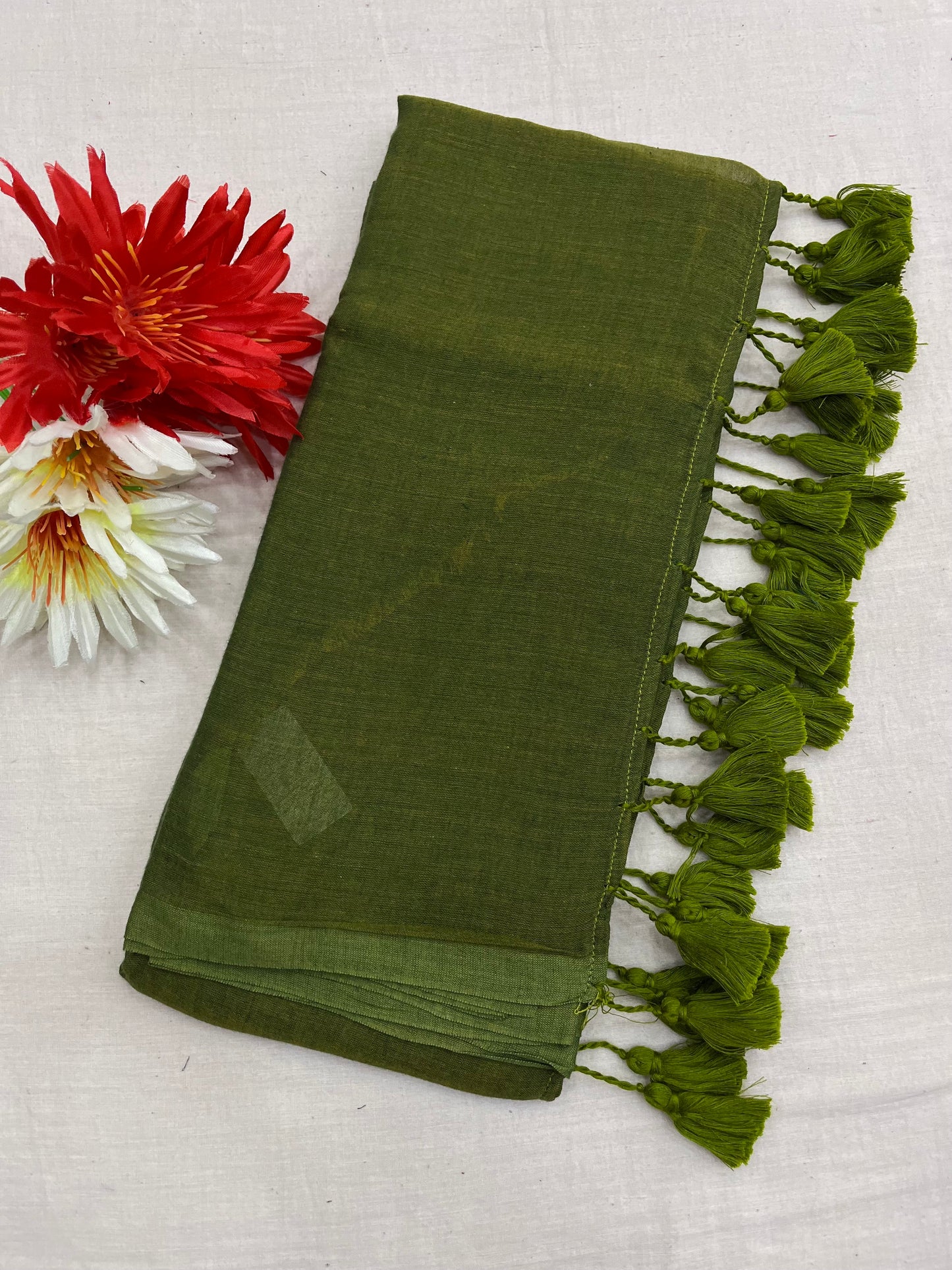Olive Green Mulmul Saree With Tassels