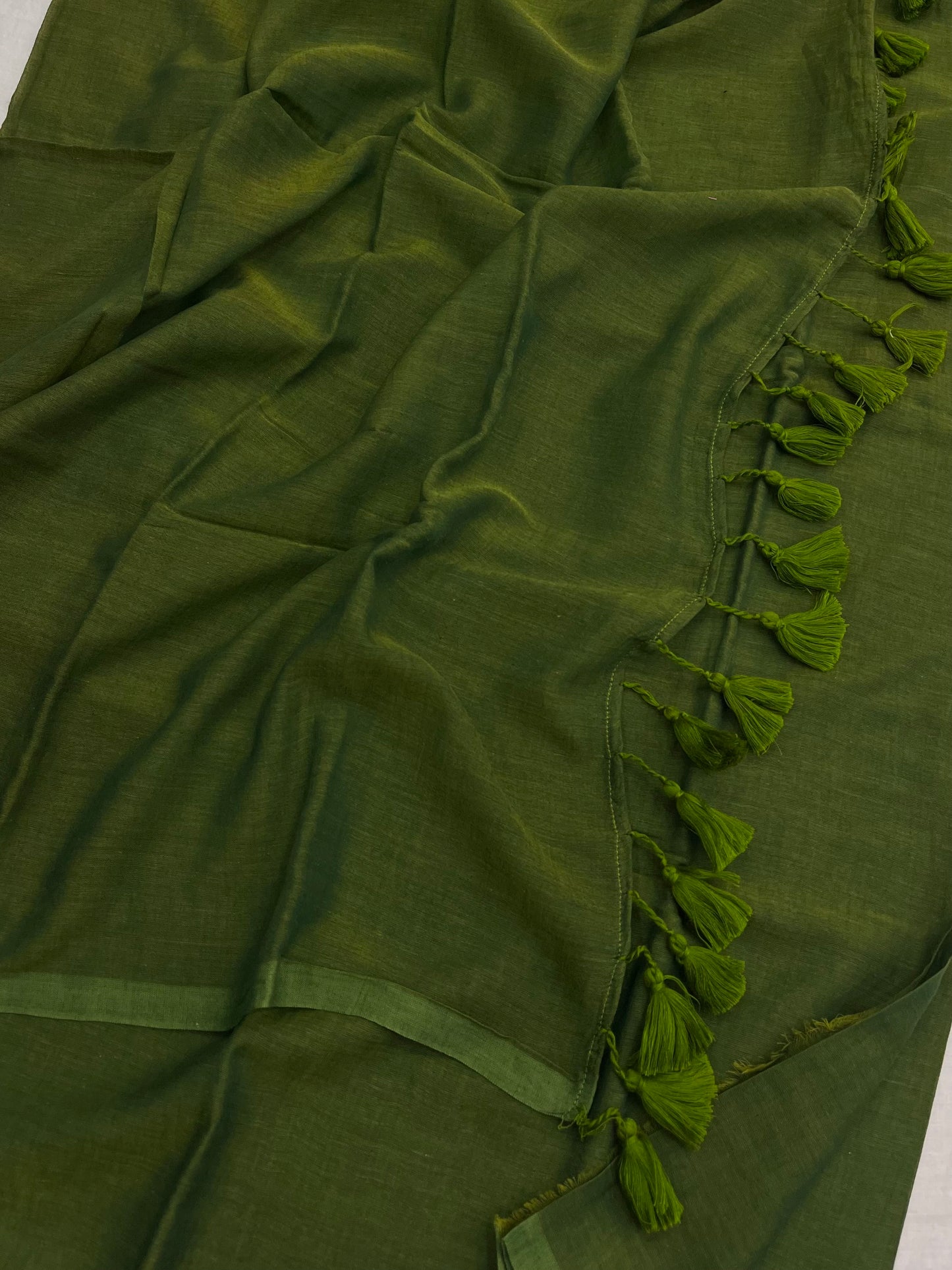 Olive Green Mulmul Saree With Tassels