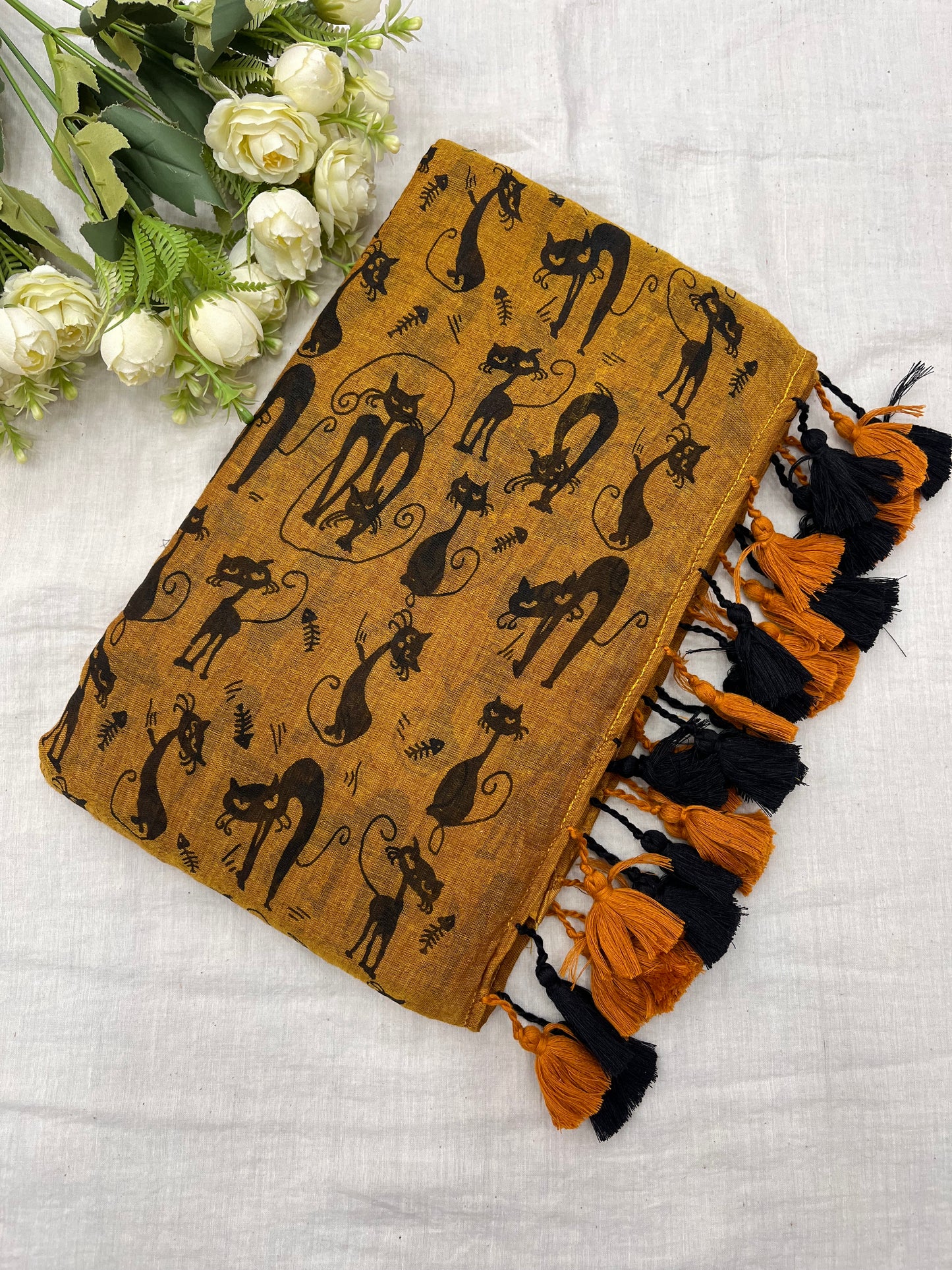 Mustard Cat Print Mulmul Saree