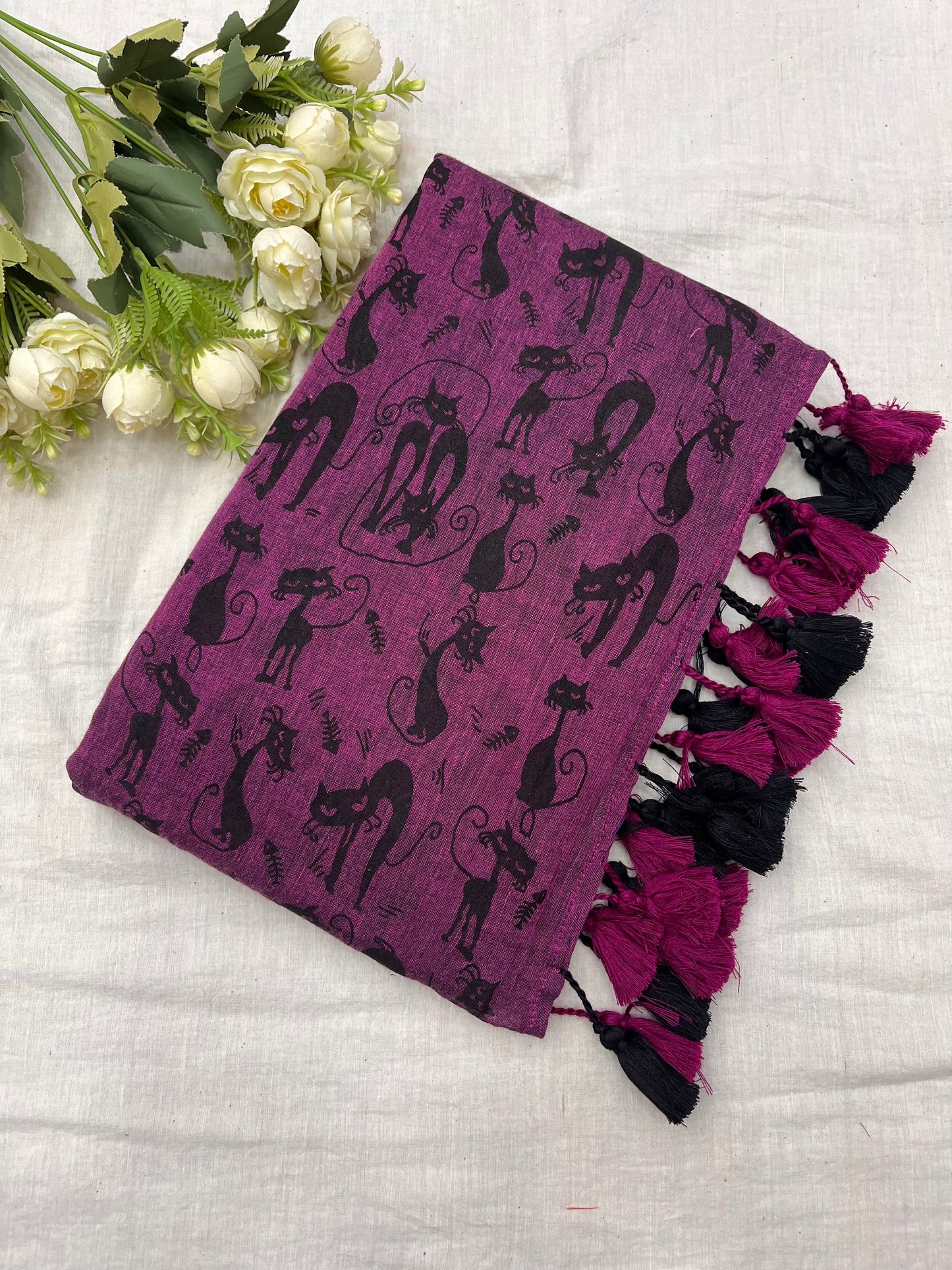 Purple Wine Cat Print Mulmul Saree